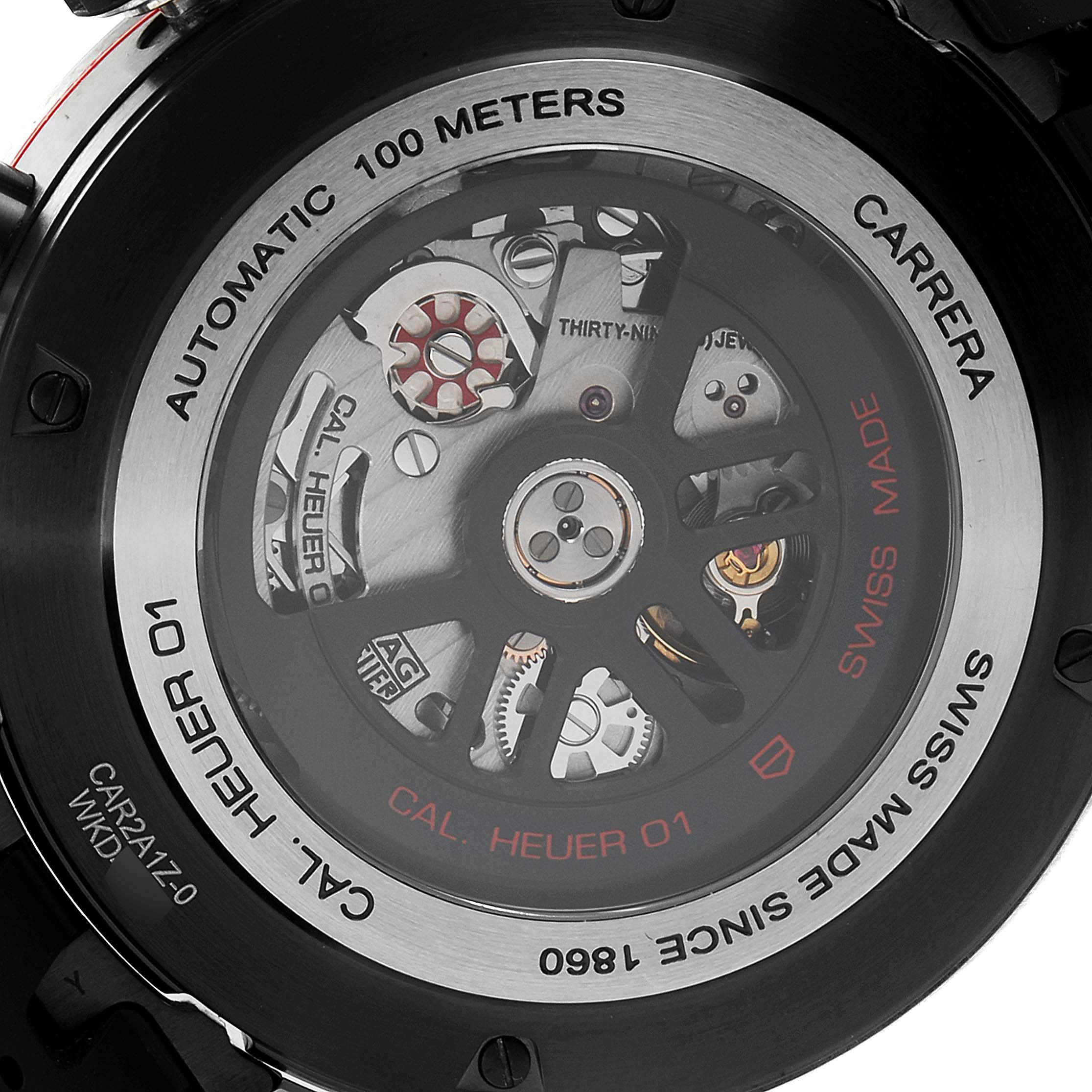 This image shows the back of the Tag Heuer Carrera CAR2A1Z.FT6044 Men
s Stainless Steel Black Dial CAR2A1Z.FT6044 Men
s Stainless Steel Black Dial watch, revealing the automatic movement mechanism and engravings.