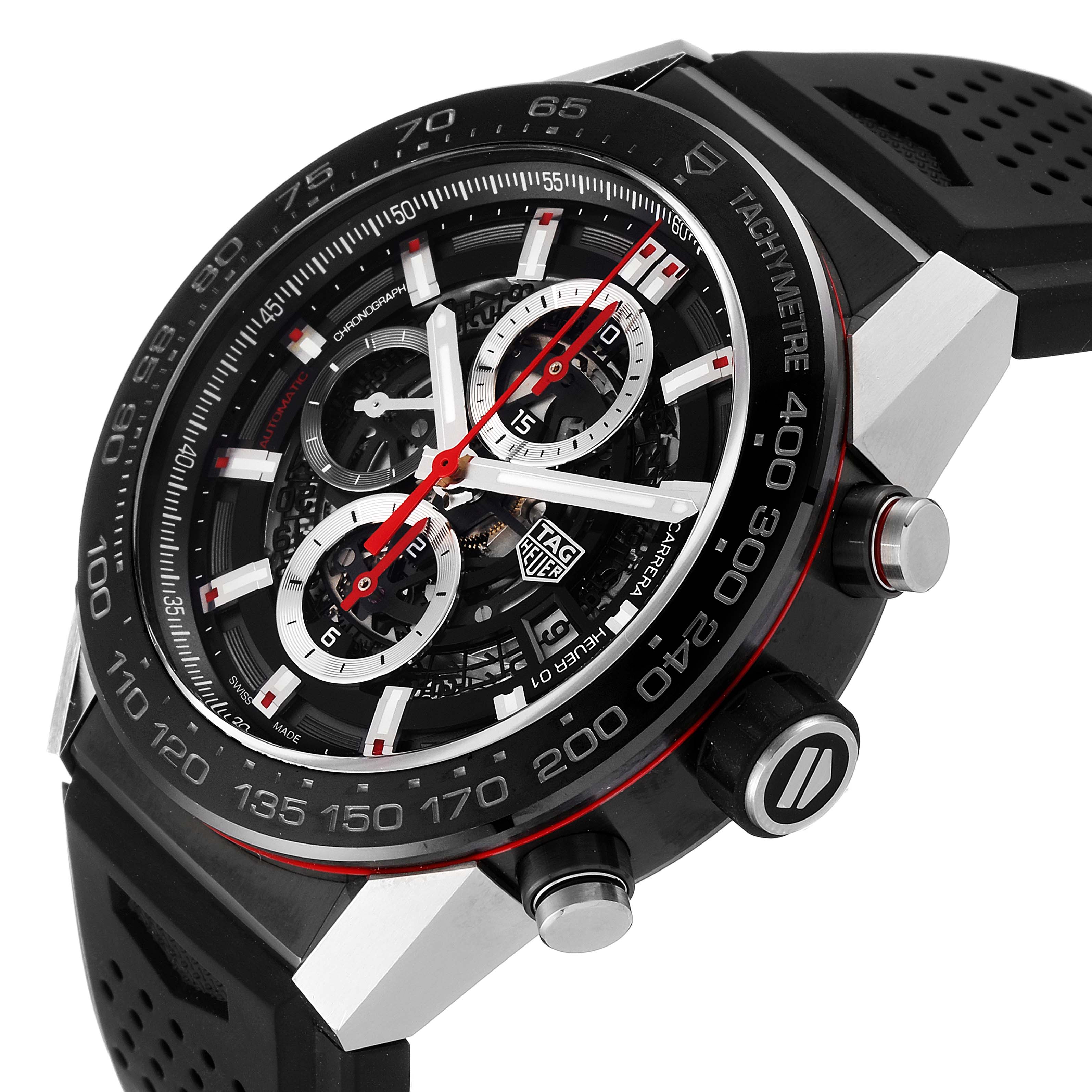 The image shows a close-up angled view of a Tag Heuer Carrera CAR2A1Z.FT6044 Men
s Stainless Steel Black Dial CAR2A1Z.FT6044 Men
s Stainless Steel Black Dial watch, highlighting the dial, bezel, and crown.