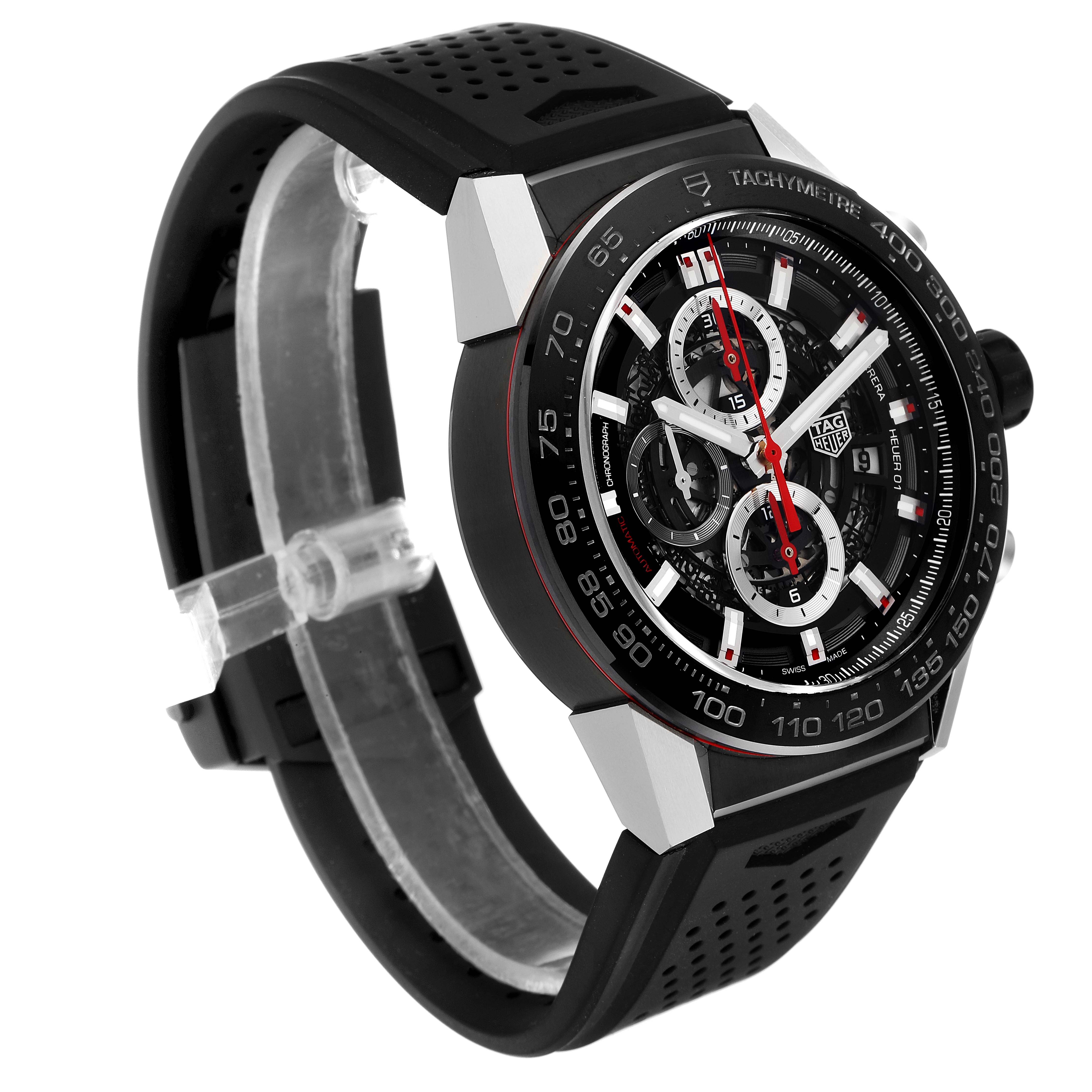 The Tag Heuer Carrera CAR2A1Z.FT6044 Men
s Stainless Steel Black Dial CAR2A1Z.FT6044 Men
s Stainless Steel Black Dial watch is shown at a three-quarter angle, highlighting its black band, tachymeter bezel, and chronograph dial.