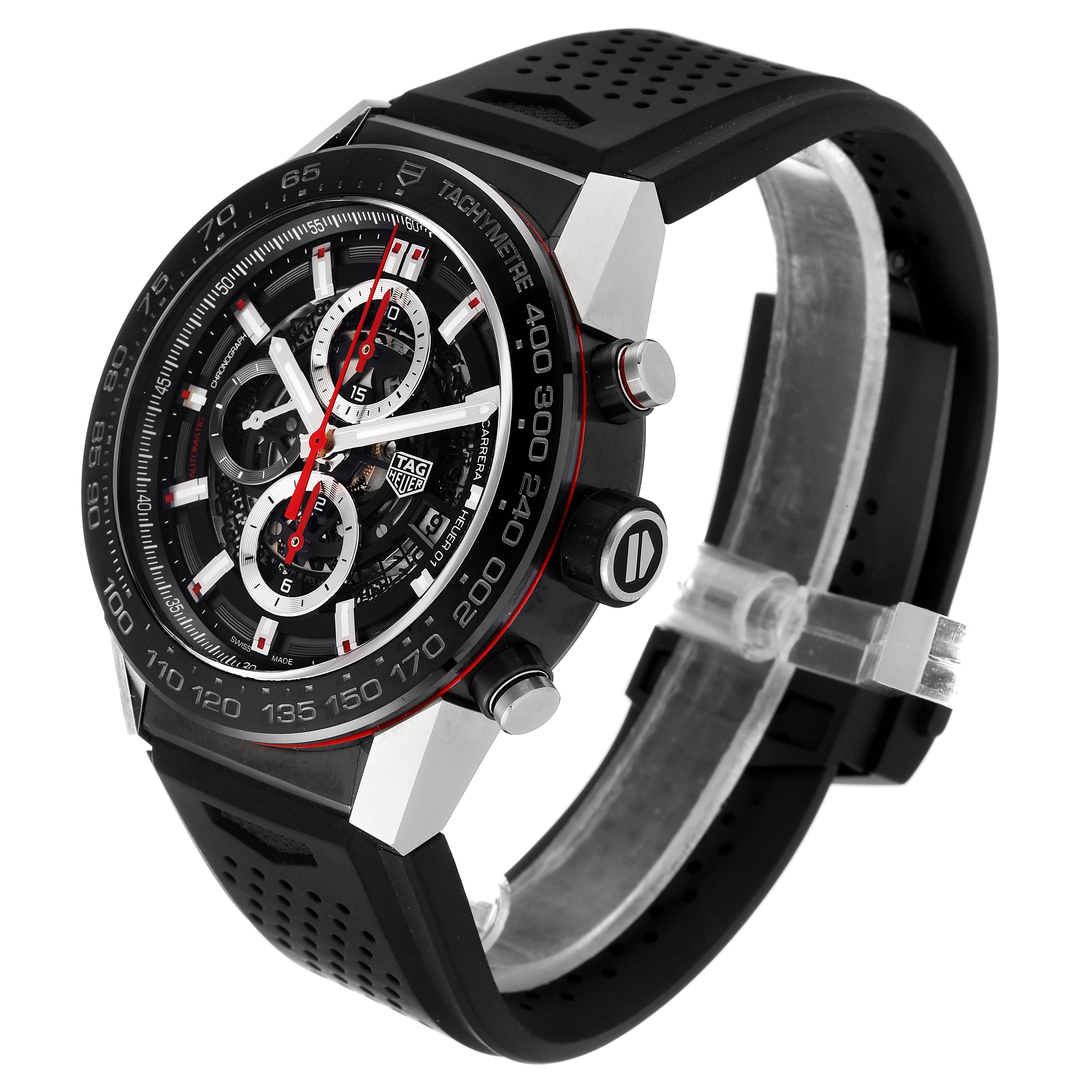 The Tag Heuer Carrera CAR2A1Z.FT6044 Men
s Stainless Steel Black Dial CAR2A1Z.FT6044 Men
s Stainless Steel Black Dial watch is shown from an angled side view, displaying its face, bezel, crown, and strap.