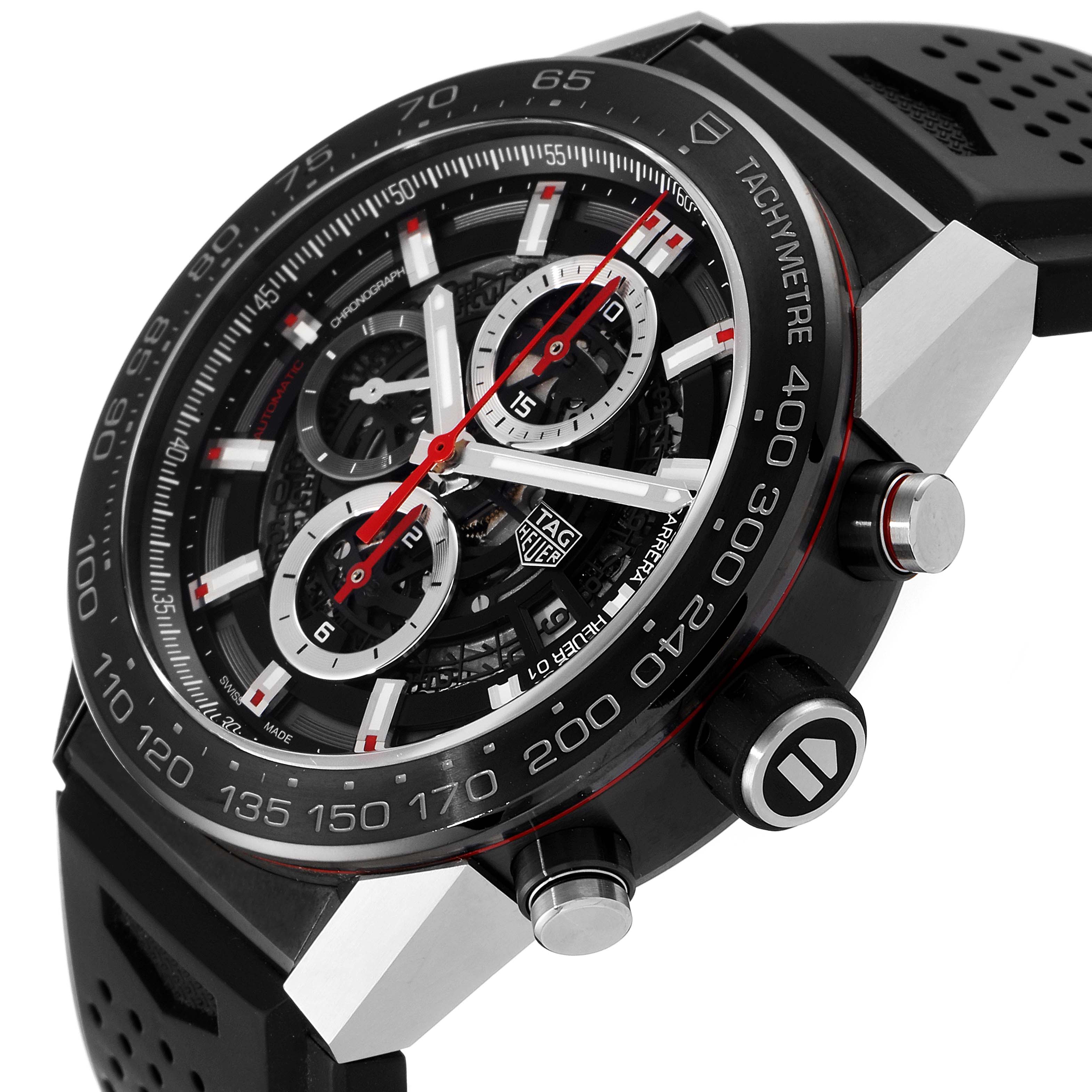 The Tag Heuer Carrera CAR2A1Z.FT6044 Men's Stainless Steel Black Dial CAR2A1Z.FT6044 Men's Stainless Steel Black Dial model watch is shown from an angled side view, highlighting the case, dial, and chronograph buttons.