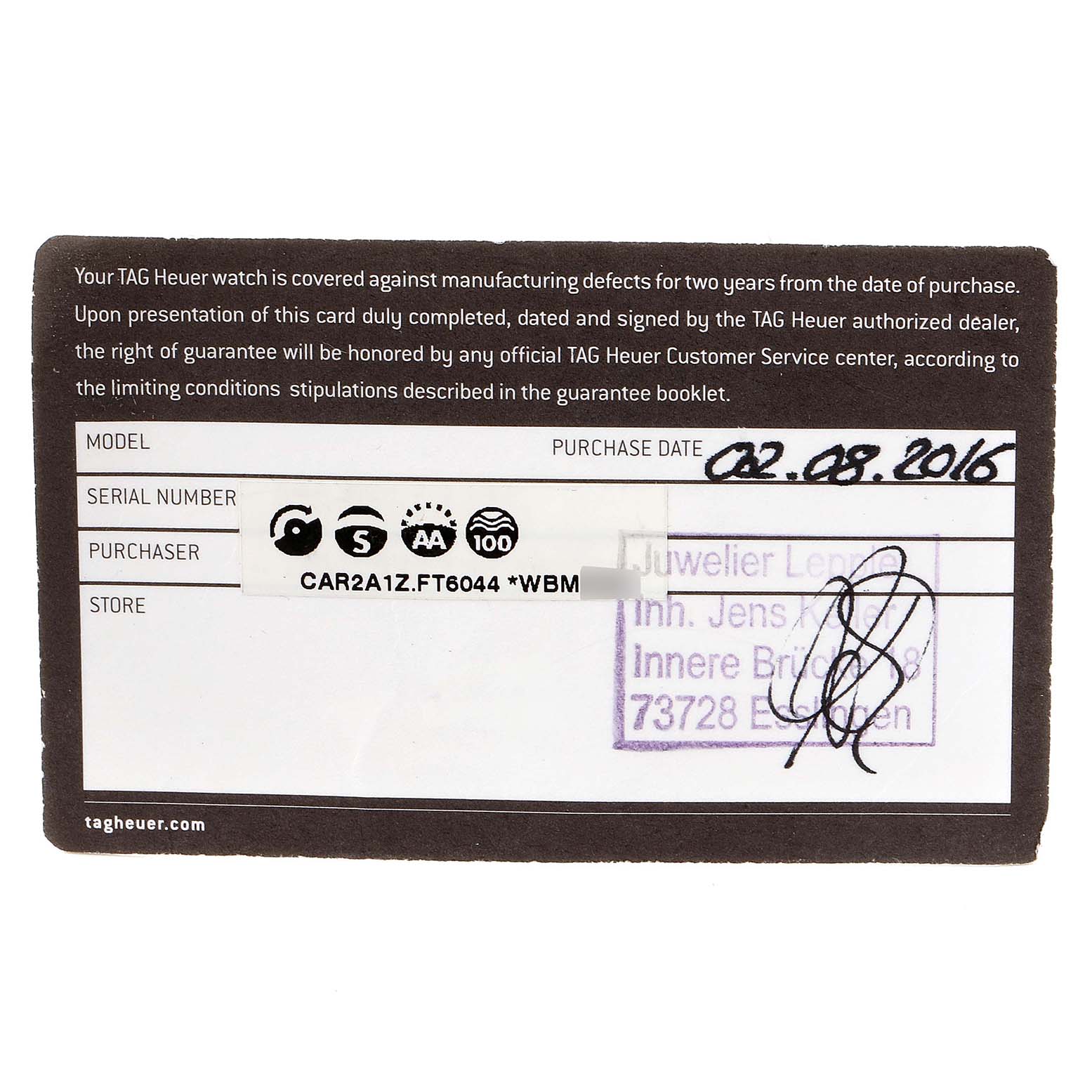 The image shows a warranty card for the Tag Heuer Carrera CAR2A1Z.FT6044 Men's Stainless Steel Black Dial CAR2A1Z.FT6044 Men's Stainless Steel Black Dial model watch, including purchase date, serial number, and store information.