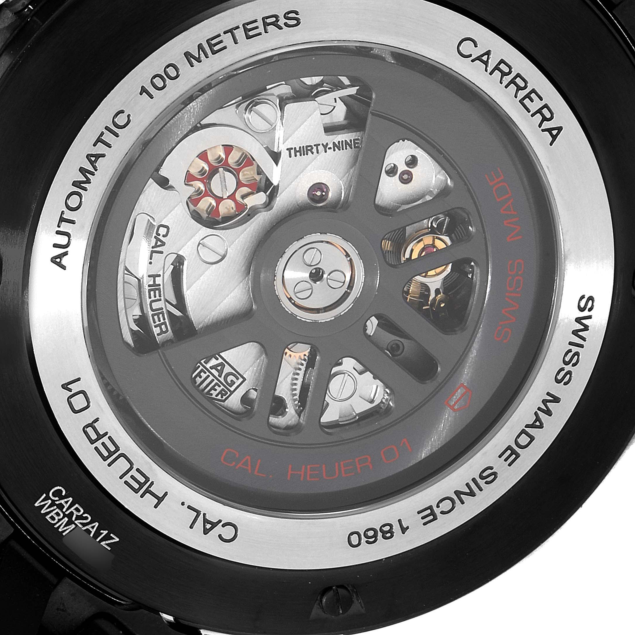 The image shows the back of the Tag Heuer Carrera CAR2A1Z.FT6044 Men's Stainless Steel Black Dial CAR2A1Z.FT6044 Men's Stainless Steel Black Dial watch, highlighting the Calibre Heuer 01 mechanism.