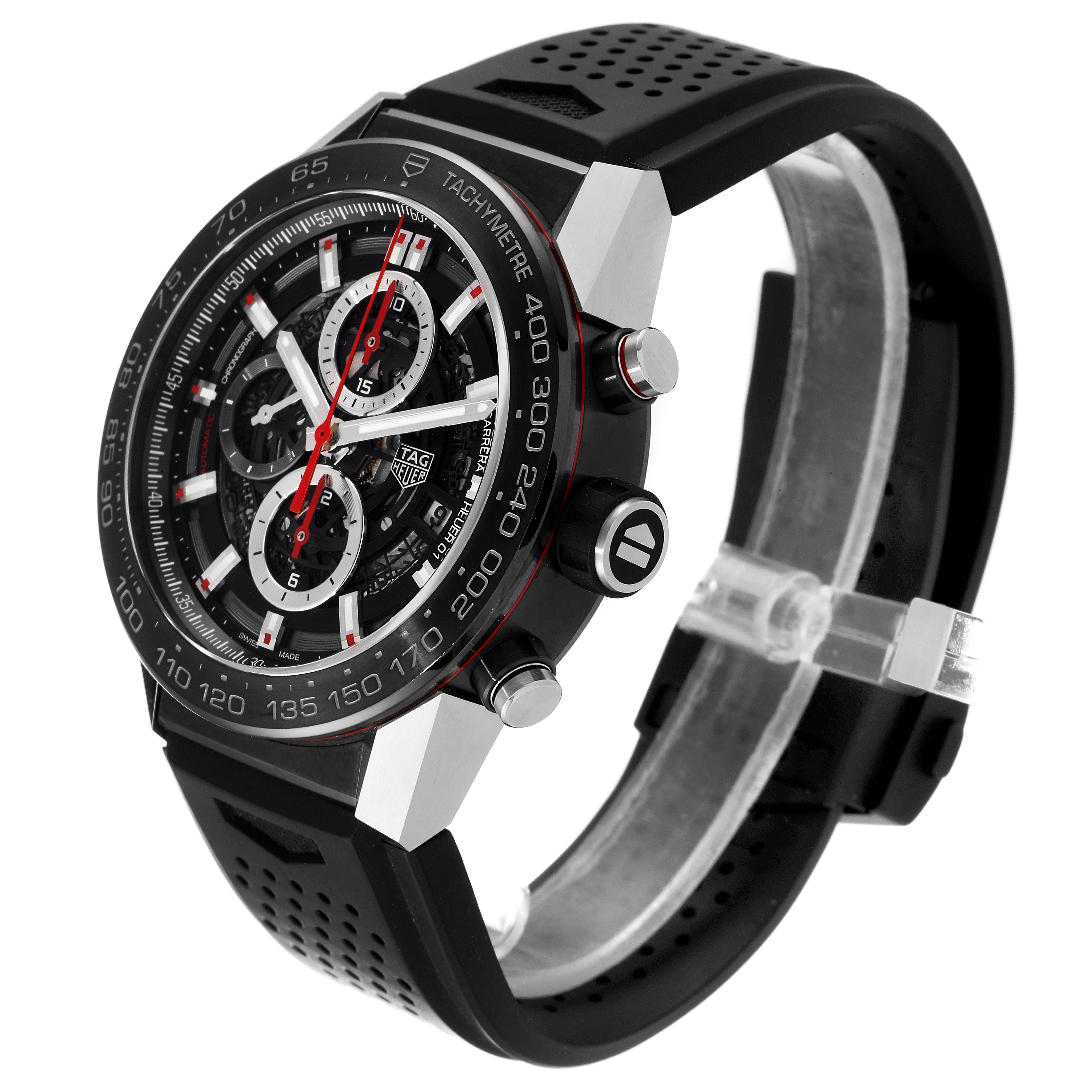 The image shows a side view of the Carrera model by Tag Heuer, highlighting the face, bezel, and rubber strap.
