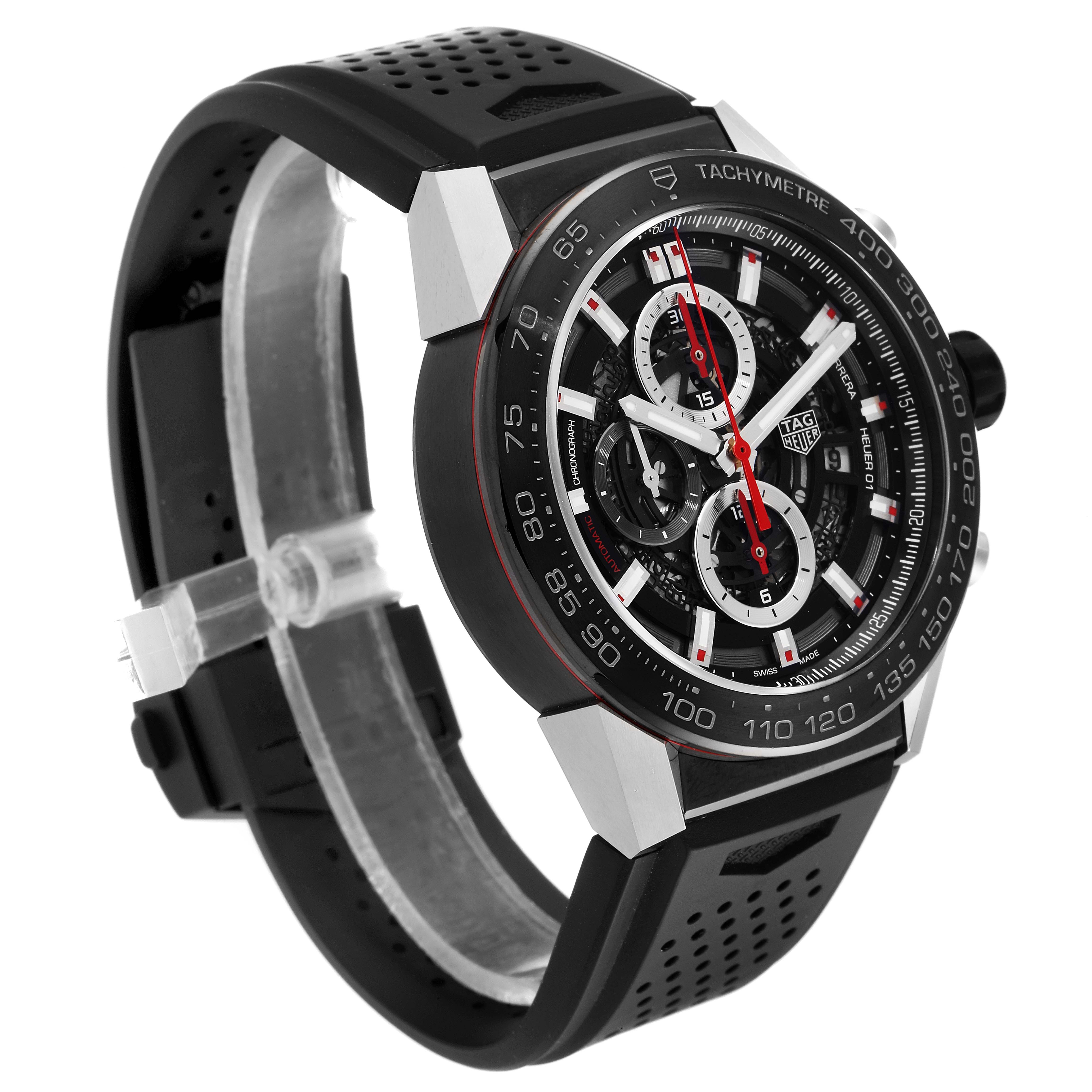 The image shows a side angle of the Tag Heuer Carrera CAR2A1Z.FT6044 Men's Stainless Steel Black Dial CAR2A1Z.FT6044 Men's Stainless Steel Black Dial watch, highlighting its black strap, tachymeter bezel, and chronograph dial.