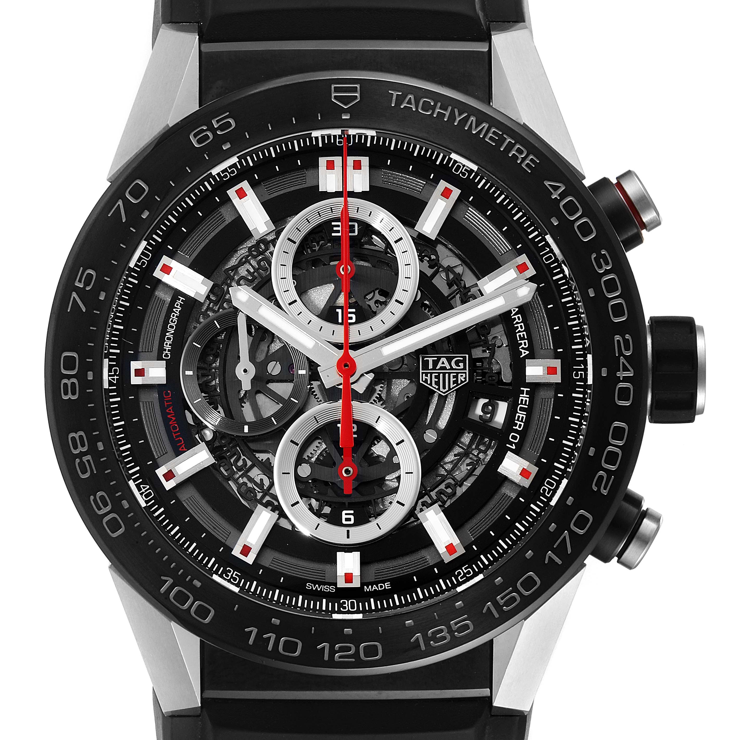 The image shows a frontal view of the Tag Heuer Carrera CAR2A1Z.FT6044 Men's Stainless Steel Black Dial CAR2A1Z.FT6044 Men's Stainless Steel Black Dial watch, highlighting its dial, chronograph, and tachymeter bezel.