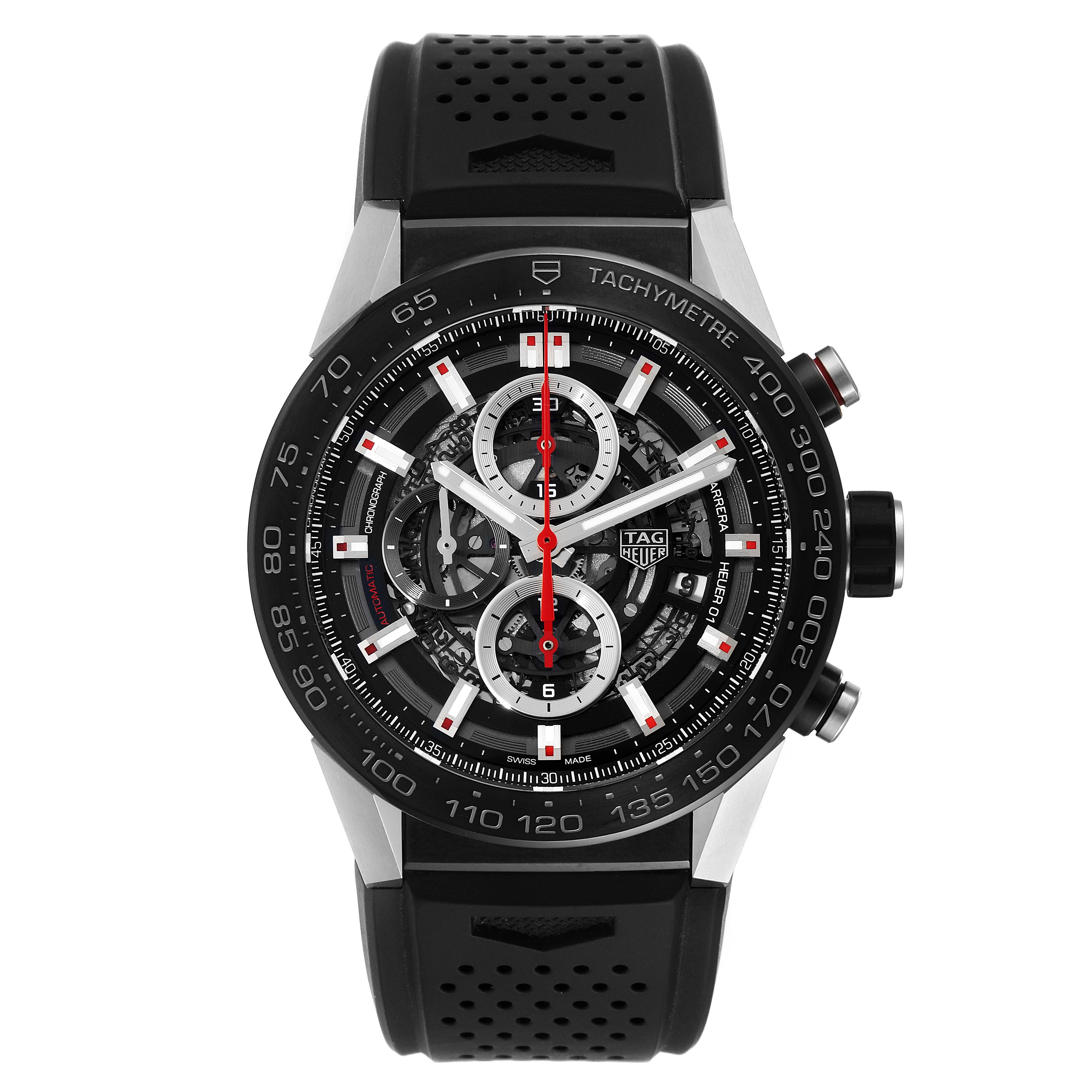 The image shows a front view of a Tag Heuer Carrera CAR2A1Z.FT6044 Men's Stainless Steel Black Dial CAR2A1Z.FT6044 Men's Stainless Steel Black Dial watch with a black rubber strap and a detailed dial.
