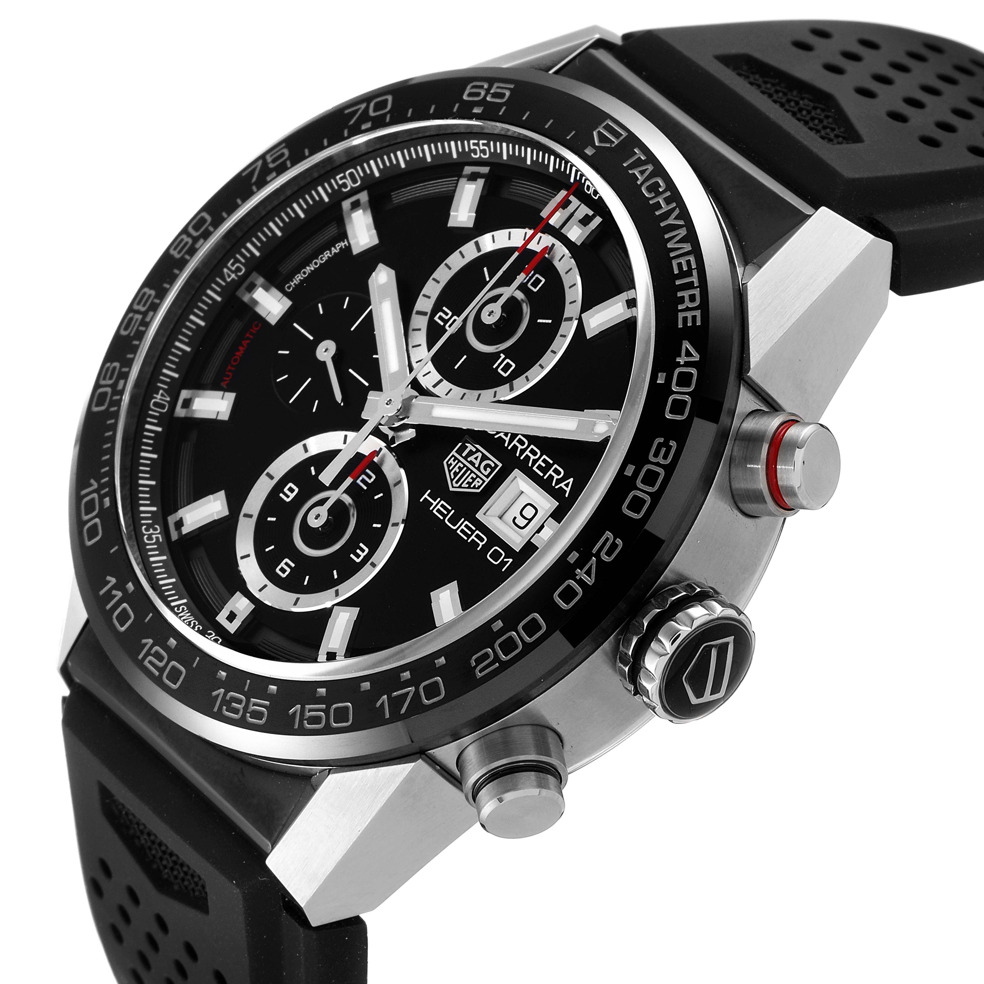 The image shows a close-up angled view of the Tag Heuer Carrera CAR201Z.BA0714 Men
s Stainless Steel Black Dial CAR201Z.BA0714 Men
s Stainless Steel Black Dial watch, highlighting its dial, chronograph, and tachymeter scale.