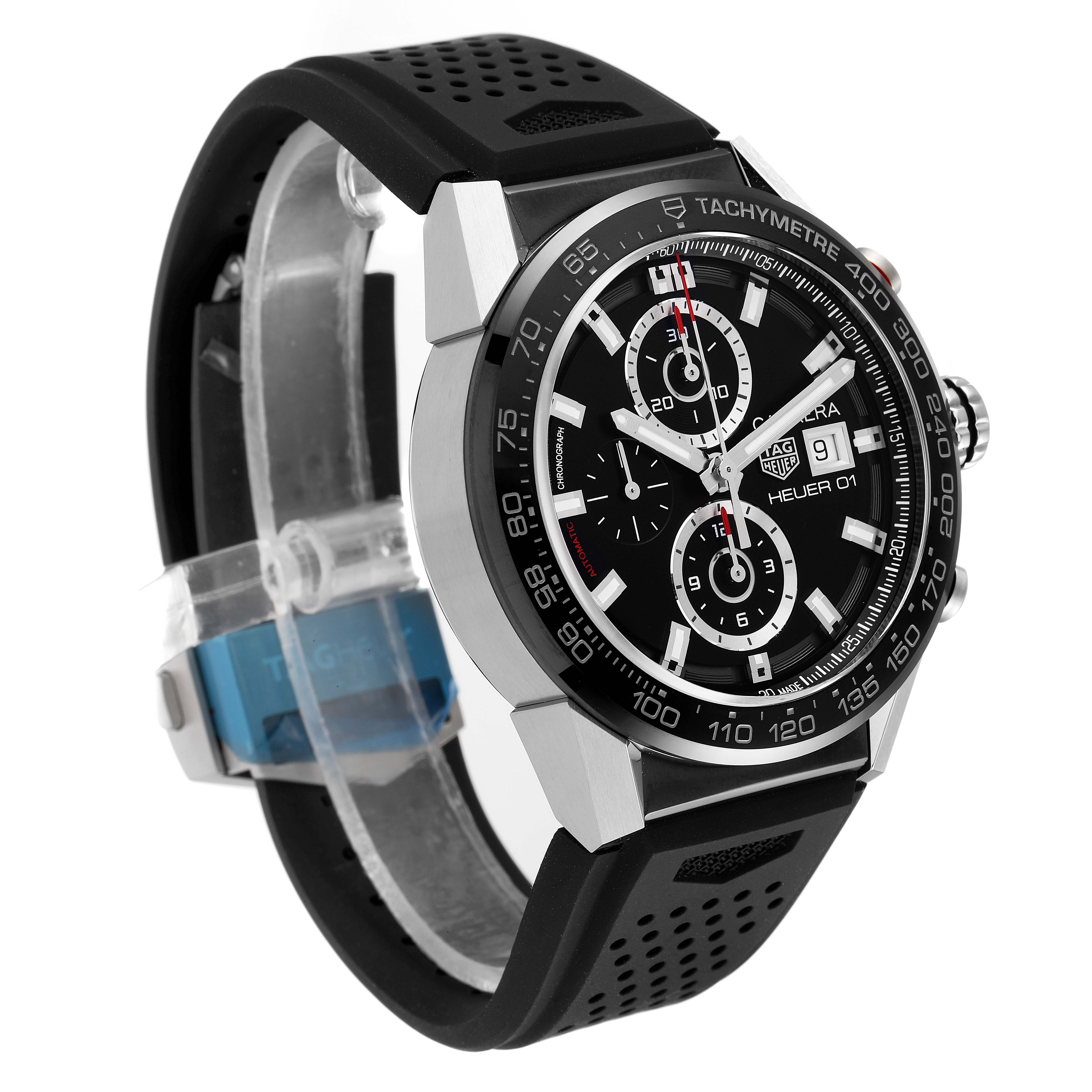 The image shows a Tag Heuer Carrera CAR201Z.BA0714 Men
s Stainless Steel Black Dial CAR201Z.BA0714 Men
s Stainless Steel Black Dial watch from a front-left angle, highlighting the face, bezel, and part of the strap.
