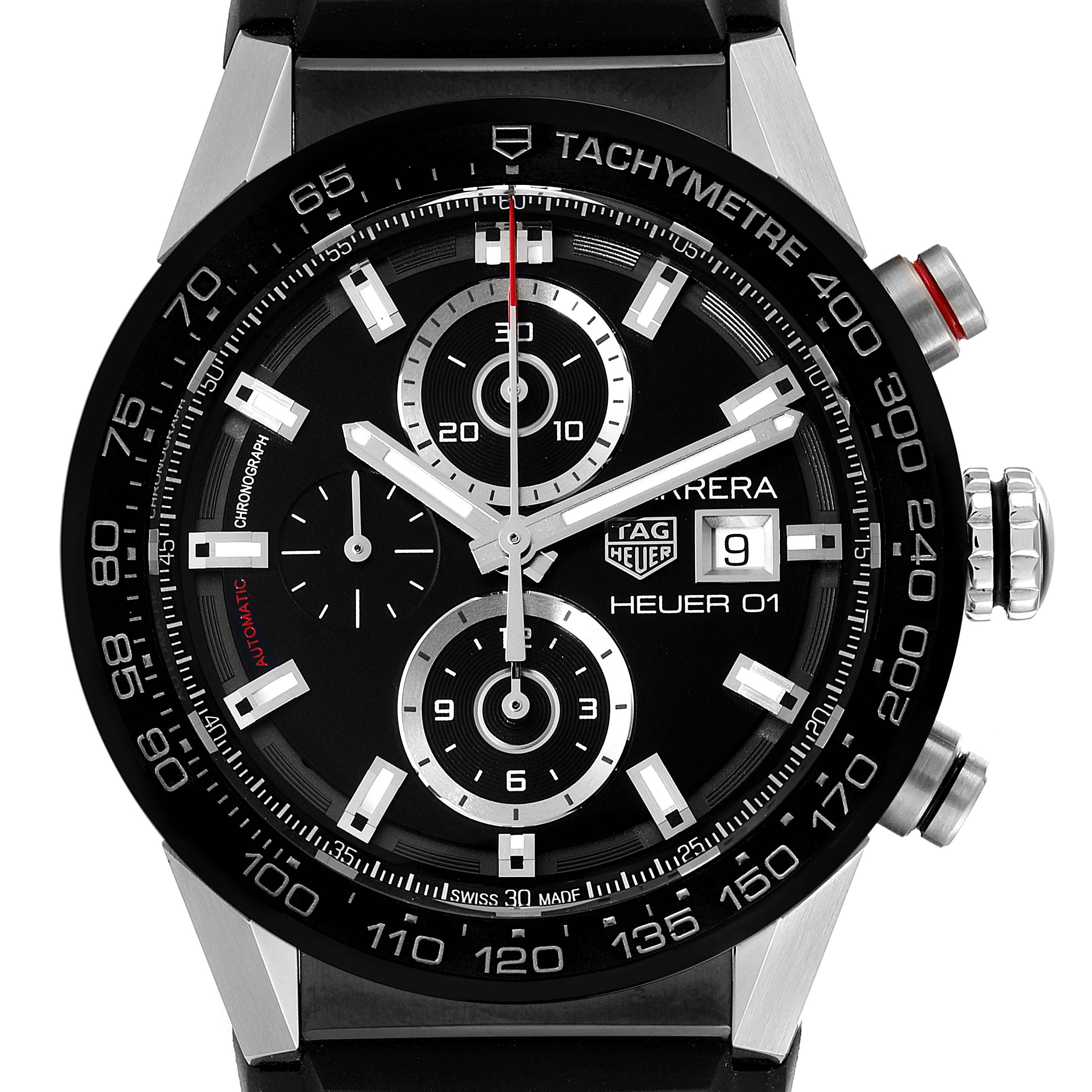 This image shows a close-up of the face and bezel of a Tag Heuer Carrera CAR201Z.BA0714 Men
s Stainless Steel Black Dial CAR201Z.BA0714 Men
s Stainless Steel Black Dial Heuer 01 watch with a tachymeter scale.