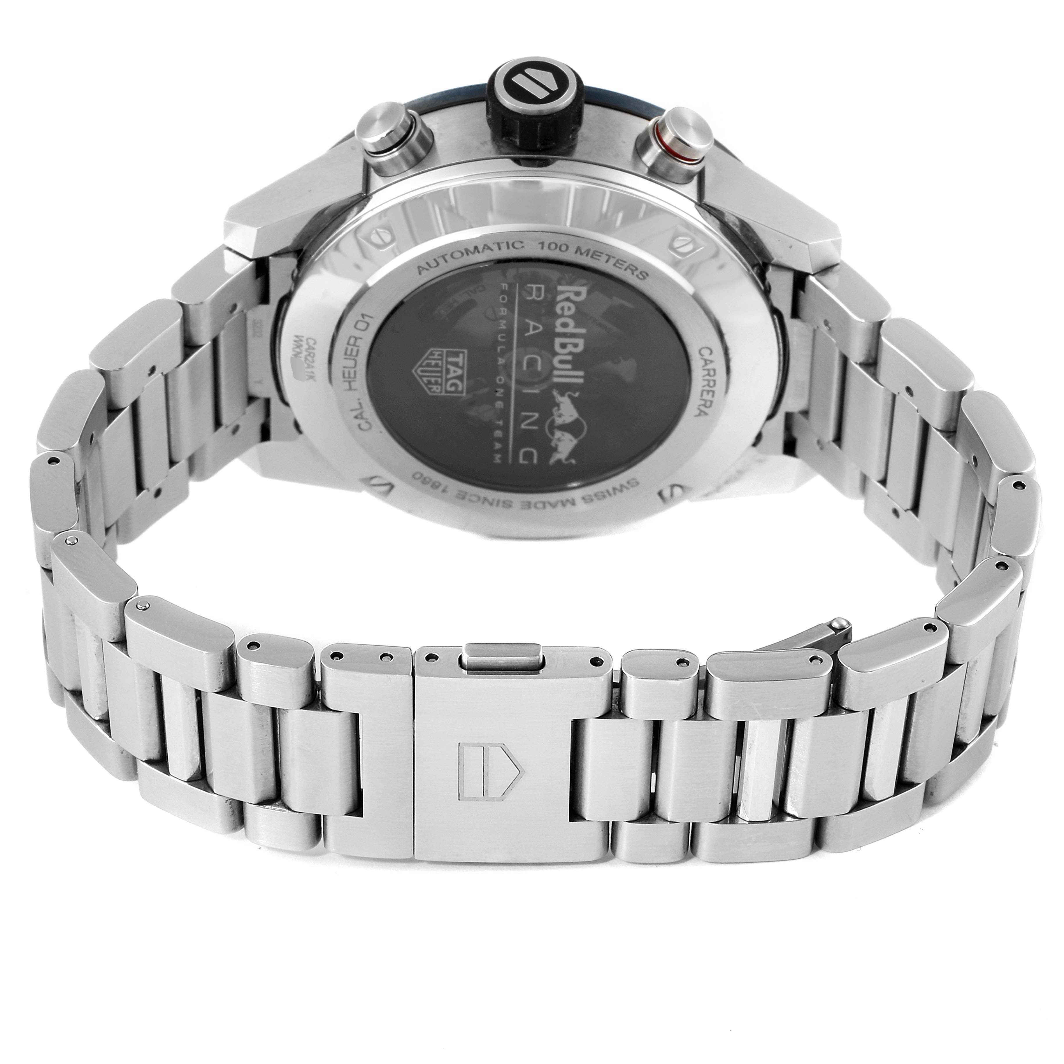 The image shows the rear view and bracelet of the Tag Heuer Carrera CAR2A1K.BA0703 Men's Stainless Steel Blue Dial CAR2A1K.BA0703 Men's Stainless Steel Blue Dial watch, highlighting the clasp and case back.