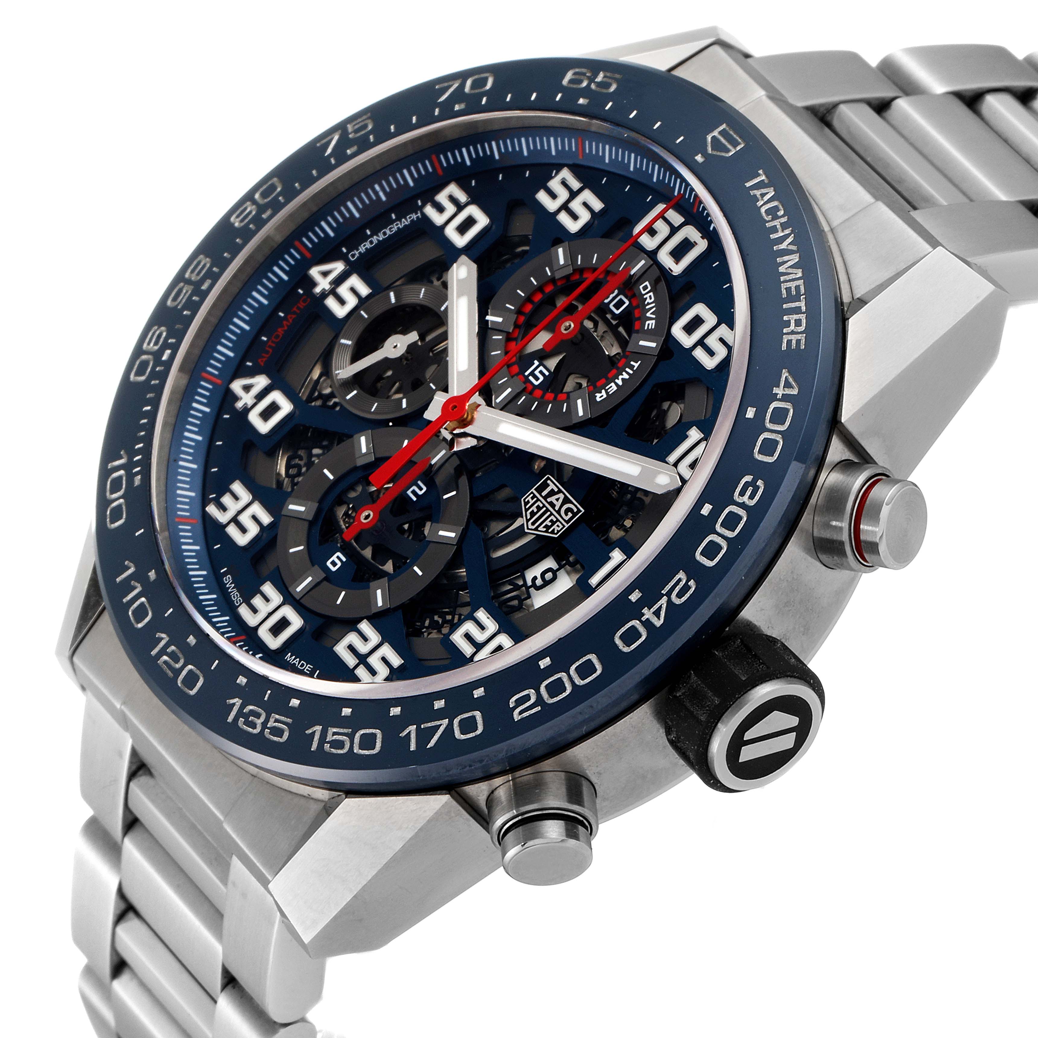 This image shows a close-up, angled view of a Tag Heuer Carrera CAR2A1K.BA0703 Men's Stainless Steel Blue Dial CAR2A1K.BA0703 Men's Stainless Steel Blue Dial model watch, focusing on its face, bezel, and bracelet.