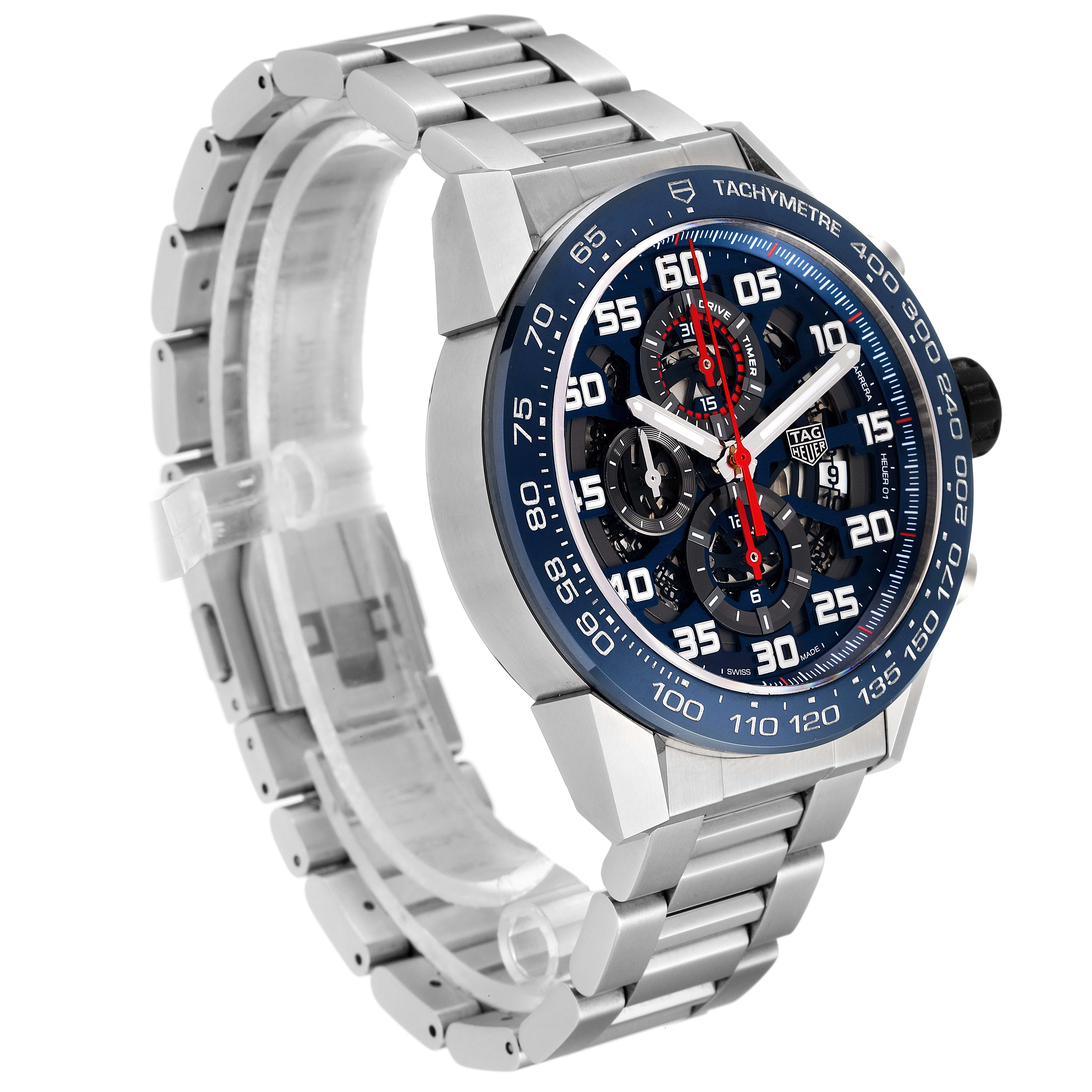 This image shows a side angle of the Tag Heuer Carrera CAR2A1K.BA0703 Men's Stainless Steel Blue Dial CAR2A1K.BA0703 Men's Stainless Steel Blue Dial model watch, highlighting its face, band, and tachymeter bezel.
