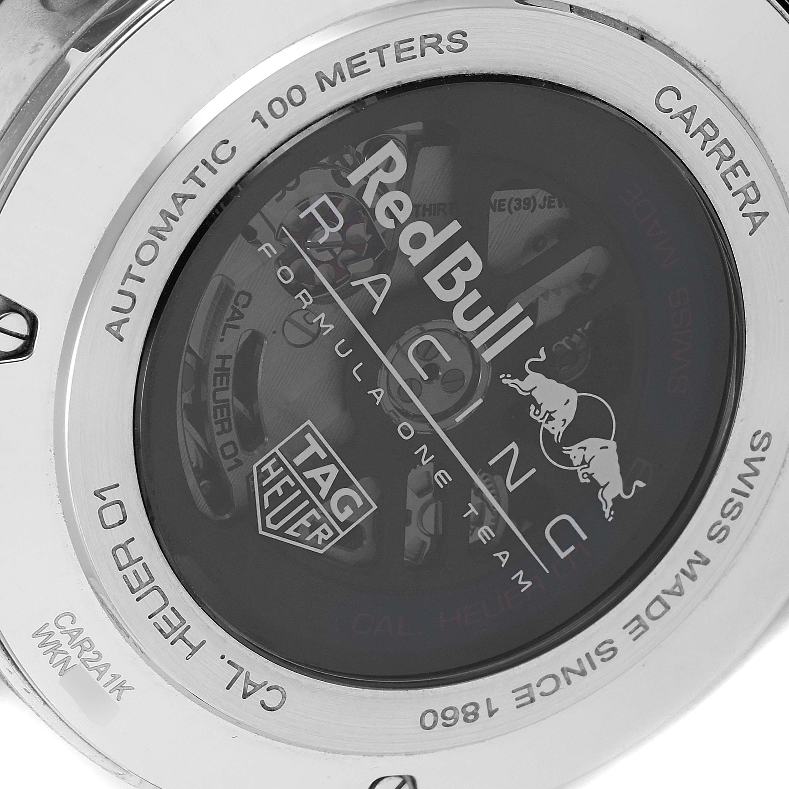 The image shows the back case of a Tag Heuer Carrera CAR2A1K.BA0703 Men's Stainless Steel Blue Dial CAR2A1K.BA0703 Men's Stainless Steel Blue Dial watch, highlighting the "Red Bull Racing" branding.
