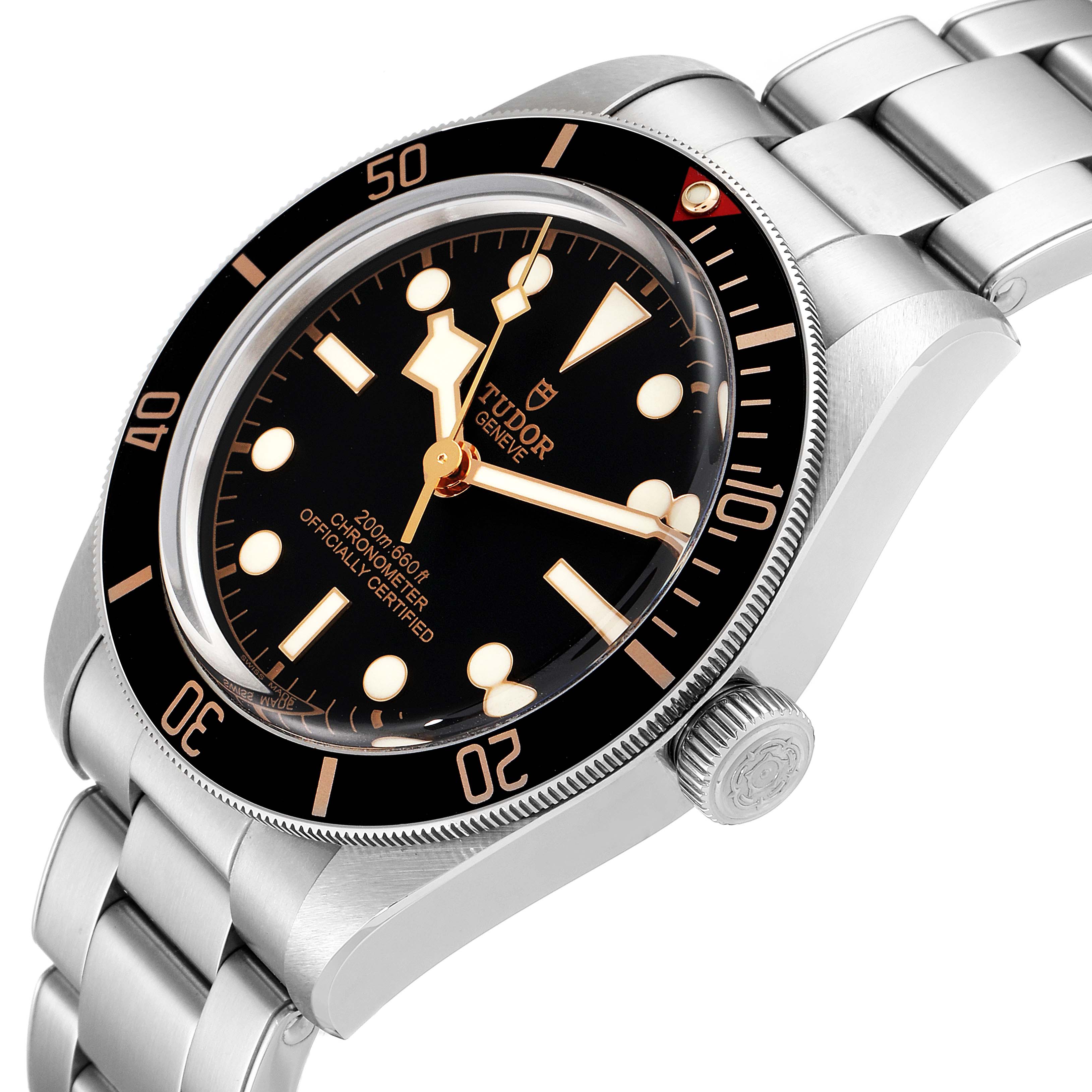The image shows a side and top view of the Tudor Heritage Black Bay 79030N Men's Stainless Steel Black Dial 79030N Men's Stainless Steel Black Dial watch, focusing on the dial, bezel, crown, and bracelet.
