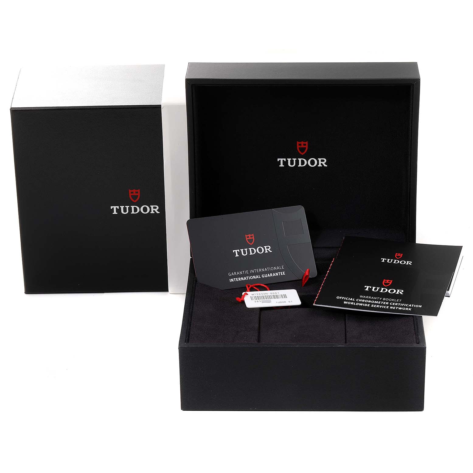 The image shows the packaging, international guarantee card, and manuals for a Tudor Heritage Black Bay 79030N Men's Stainless Steel Black Dial 79030N Men's Stainless Steel Black Dial watch.