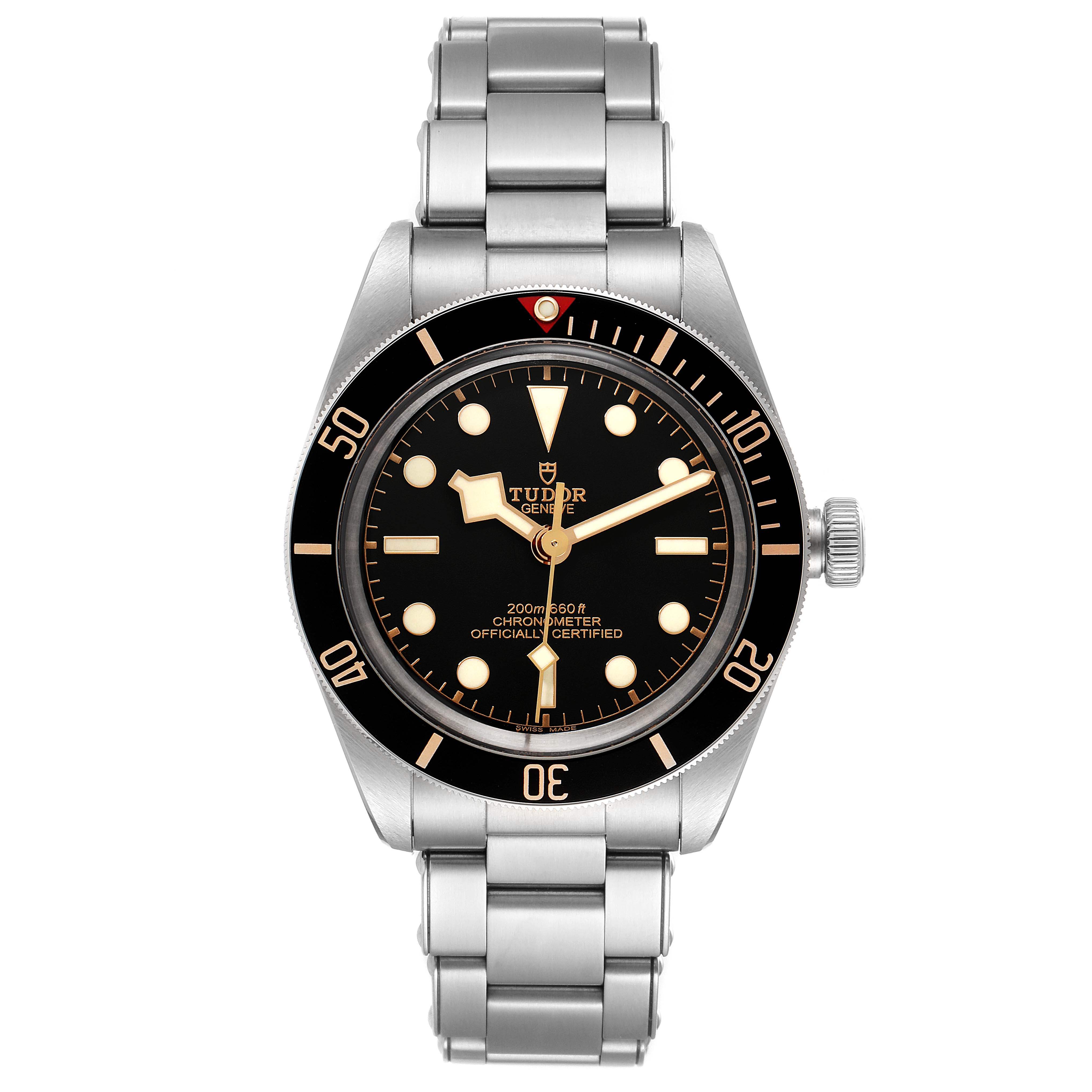 The image shows a front view of a Tudor Heritage Black Bay 79030N Men's Stainless Steel Black Dial 79030N Men's Stainless Steel Black Dial watch, featuring its black dial, bezel, and stainless steel bracelet.