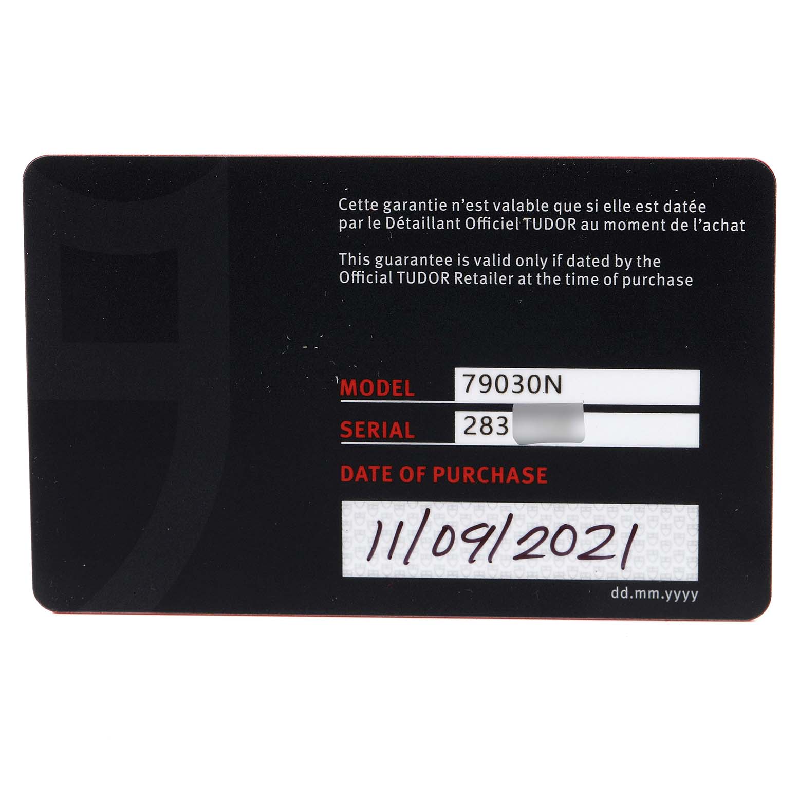 The image shows a guarantee card for the Tudor Heritage Black Bay 79030N Men's Stainless Steel Black Dial 79030N Men's Stainless Steel Black Dial model 79030N, with details like the serial number and purchase date.