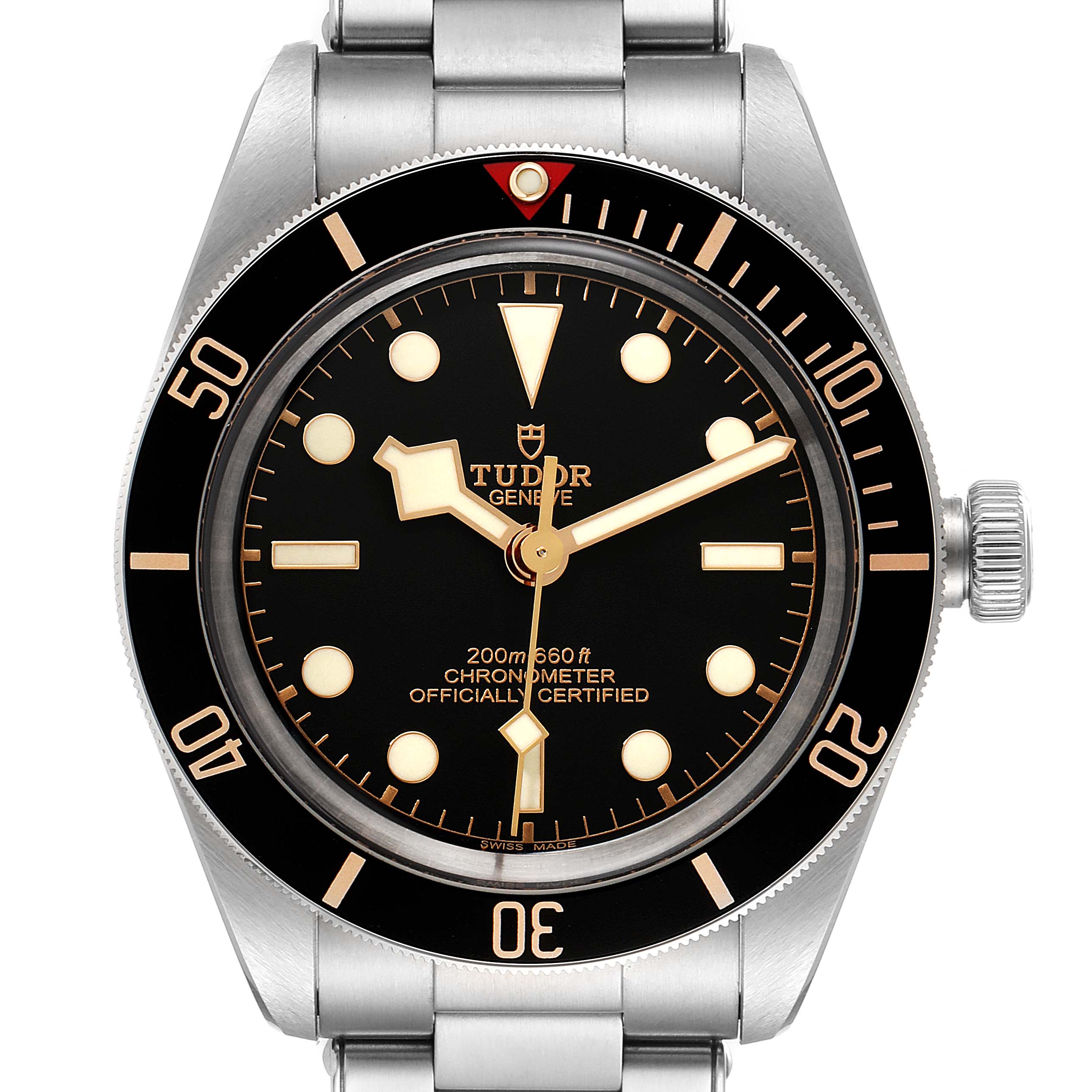 This image shows a front view of the Tudor Heritage Black Bay 79030N Men's Stainless Steel Black Dial 79030N Men's Stainless Steel Black Dial watch, displaying the dial, bezel, and bracelet.