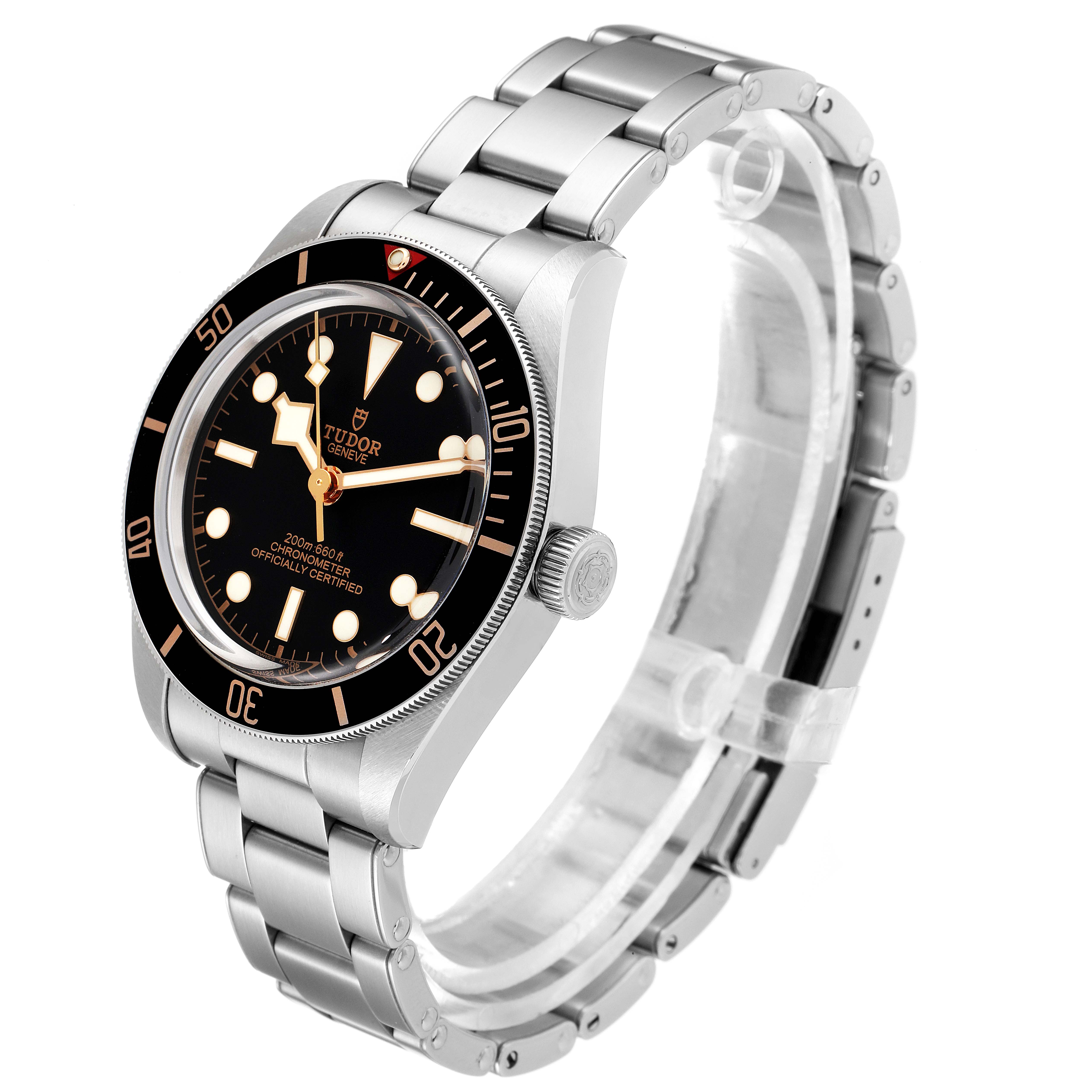 The image shows a Tudor Heritage Black Bay 79030N Men's Stainless Steel Black Dial 79030N Men's Stainless Steel Black Dial watch at a slightly tilted angle, displaying its face, bezel, crown, and stainless steel bracelet.