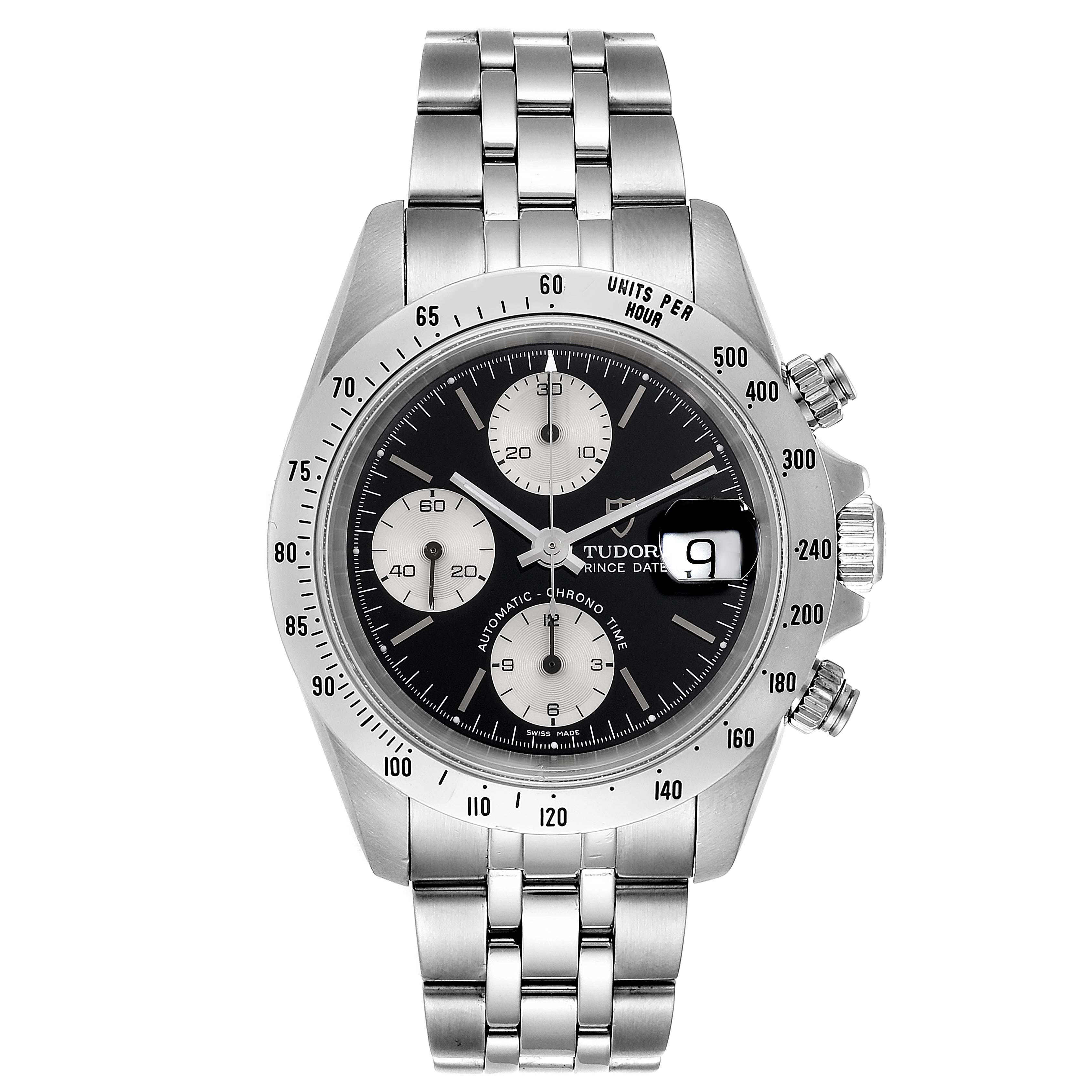 The Tudor Prince 79280 Men's Stainless Steel Black Dial 79280 Men's Stainless Steel Black Dial model watch is shown from a front angle, displaying the dial, bezel, bracelet, pushers, and crown.