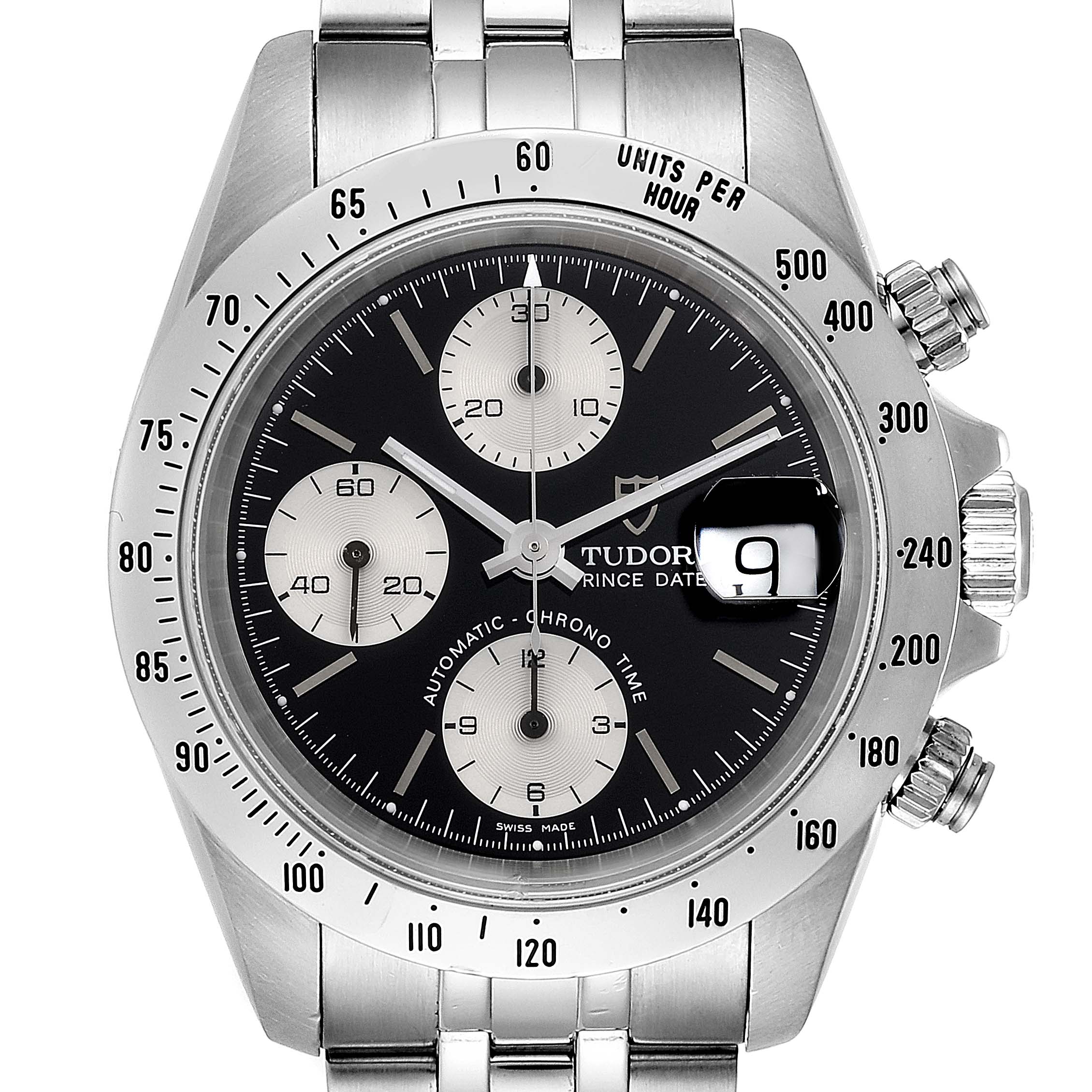 The image shows a frontal view of the dial and bezel of a Tudor Prince 79280 Men's Stainless Steel Black Dial 79280 Men's Stainless Steel Black Dial model watch, featuring its stainless steel bracelet and date window.