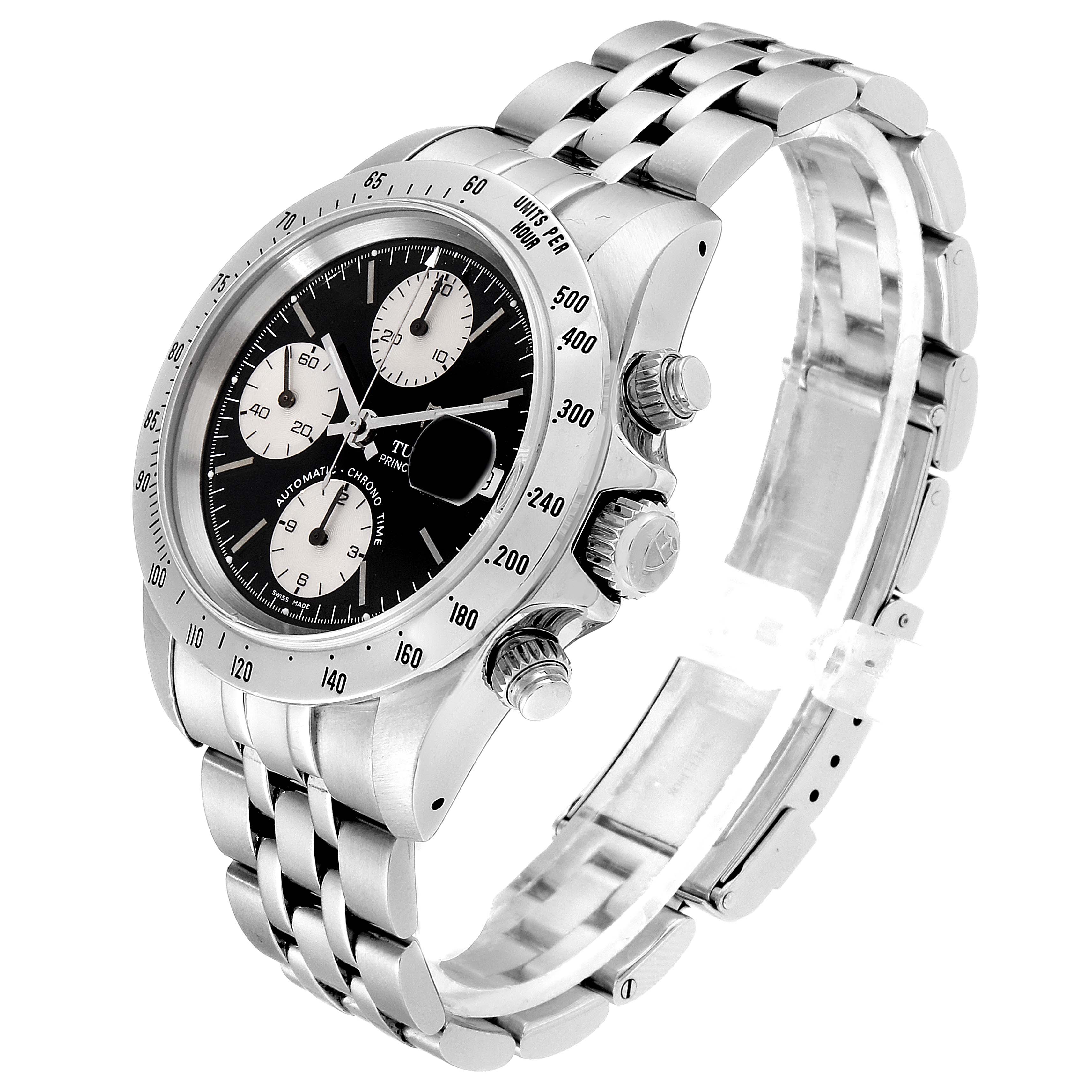 The image shows a Tudor Prince 79280 Men's Stainless Steel Black Dial 79280 Men's Stainless Steel Black Dial model watch at an angle, highlighting the dial, bezel, crown, pushers, and metal bracelet.