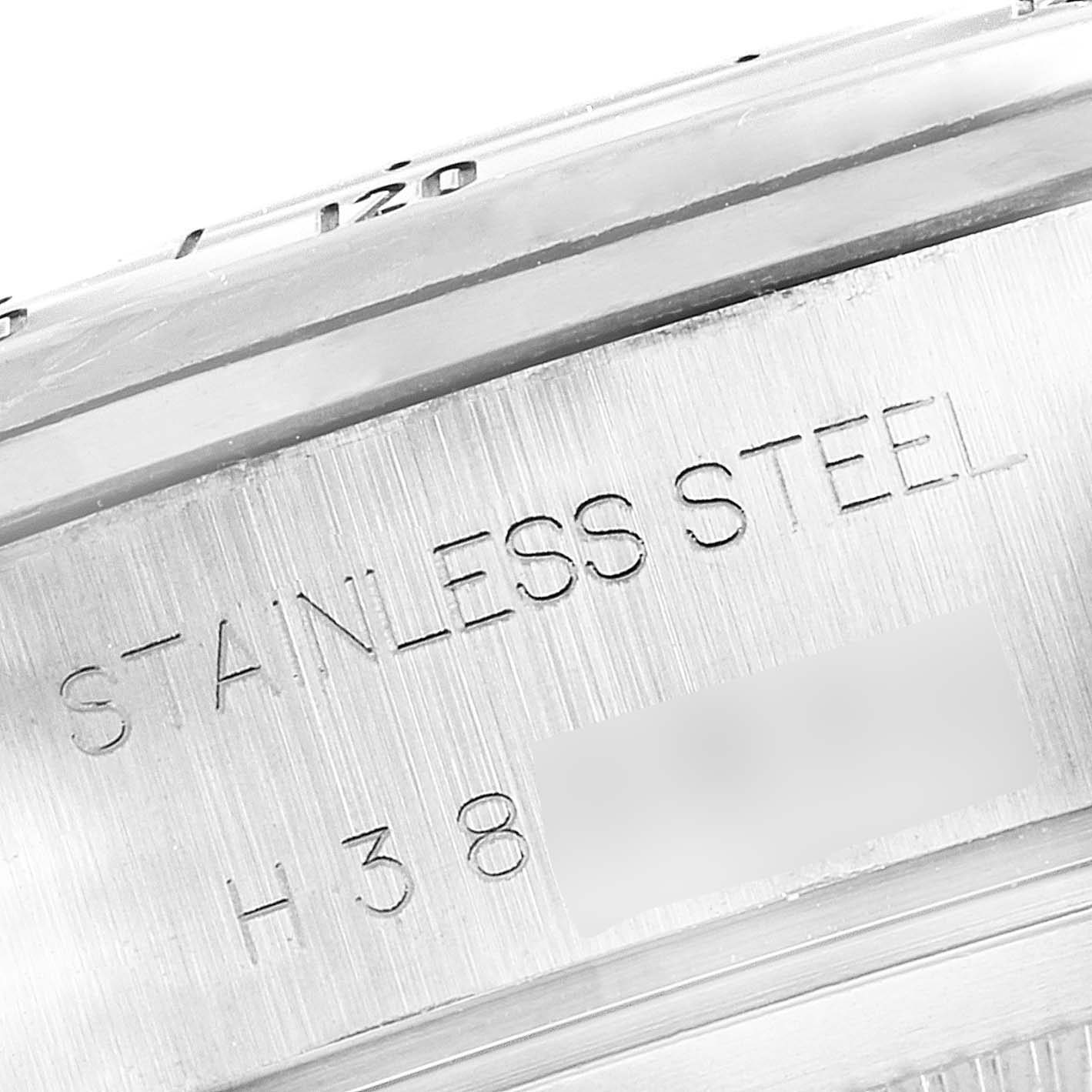 This image shows a close-up angle of the stainless steel case back and engraving of a Tudor Prince 79280 Men's Stainless Steel Black Dial 79280 Men's Stainless Steel Black Dial model watch.