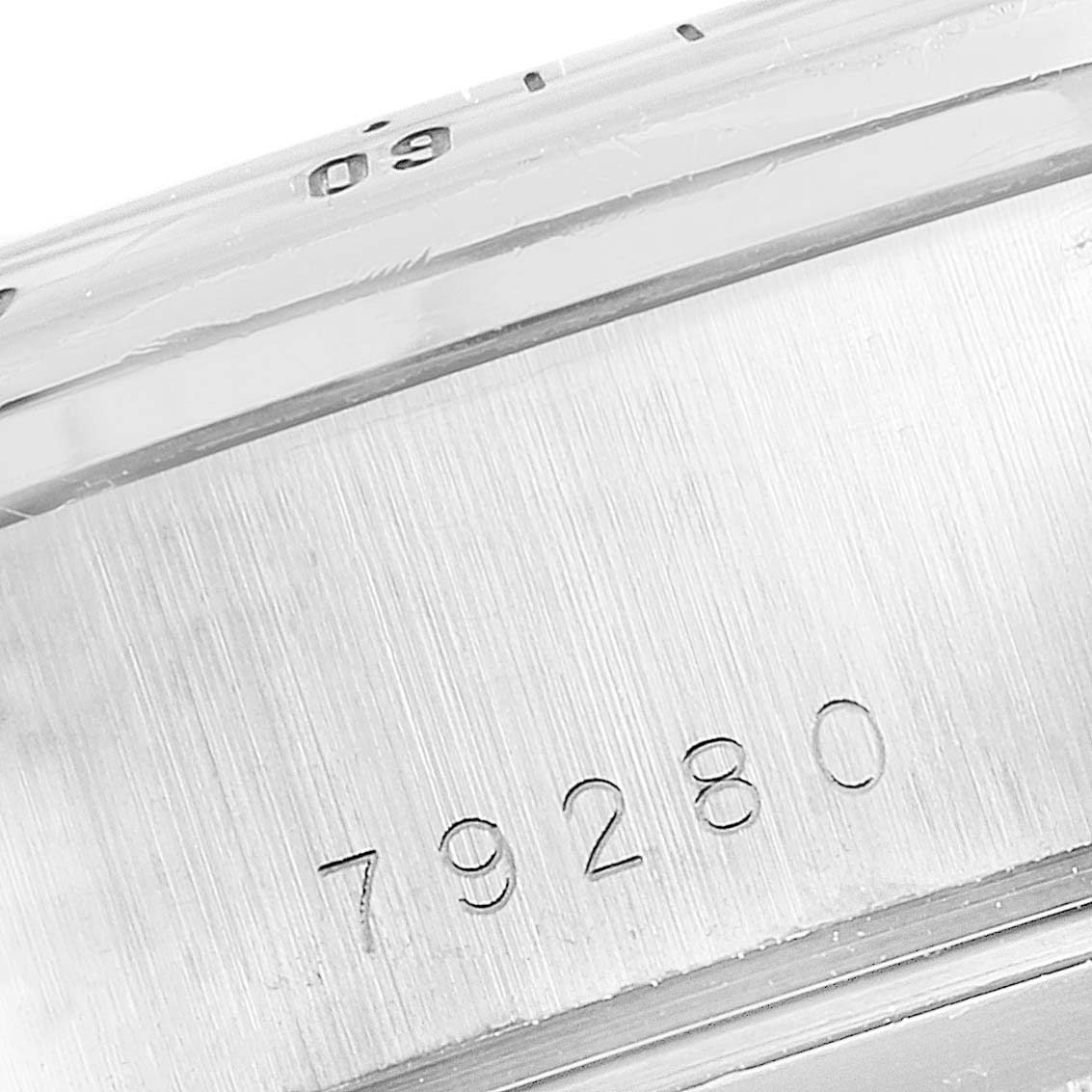 The image shows a close-up of the model number "79280" engraved on the metal case of the Tudor Prince 79280 Men's Stainless Steel Black Dial 79280 Men's Stainless Steel Black Dial watch.