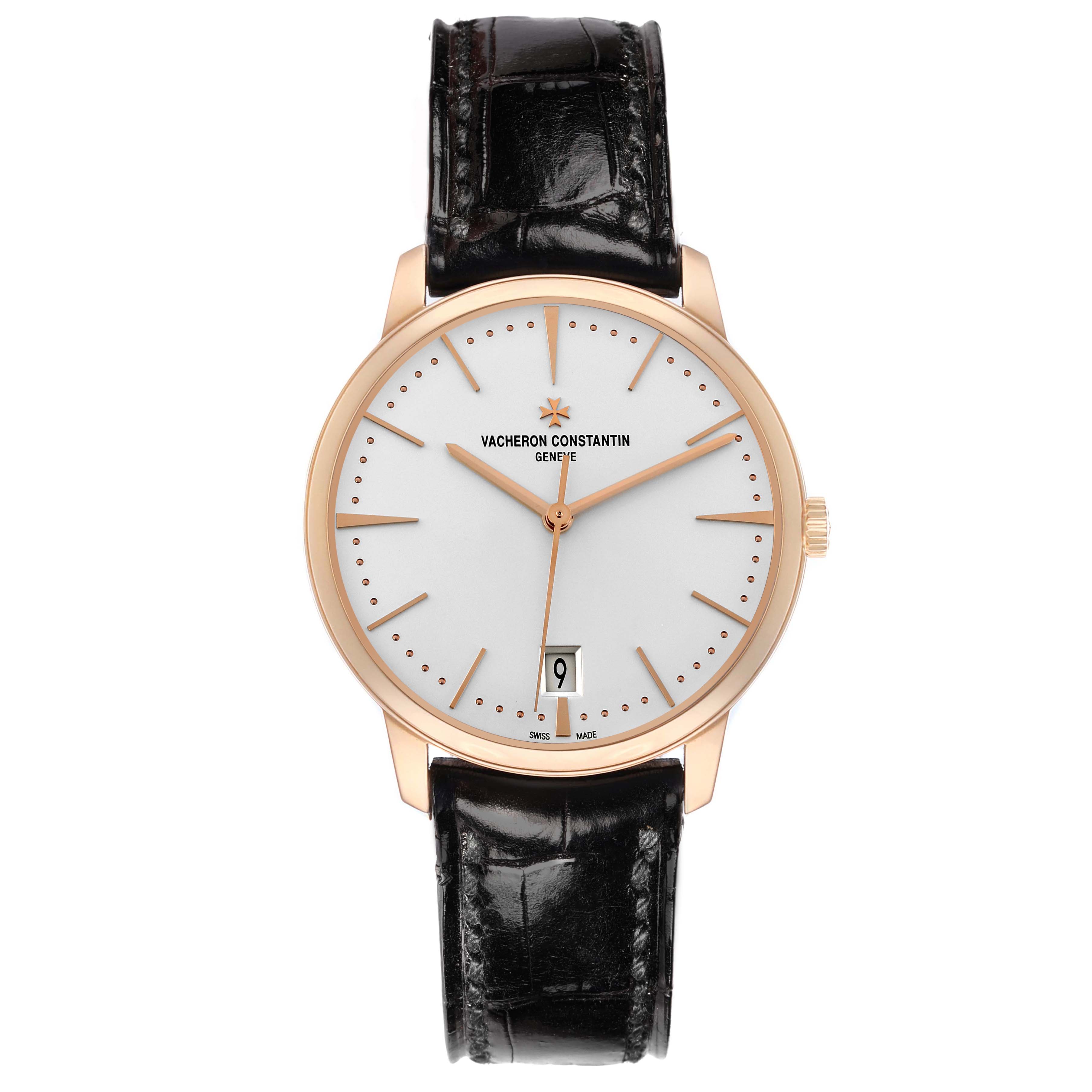 The Vacheron Constantin Patrimony 4100U Men
s Rose Gold Silver Dial watch is shown from the front, displaying the face, hands, date function, and leather strap.