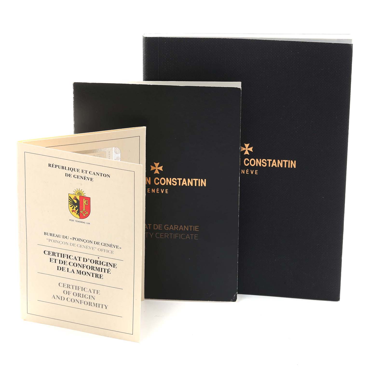 The image shows a booklet and certificates for the Vacheron Constantin Patrimony 4100U Men
s Rose Gold Silver Dial, displaying warranty and origin documents.