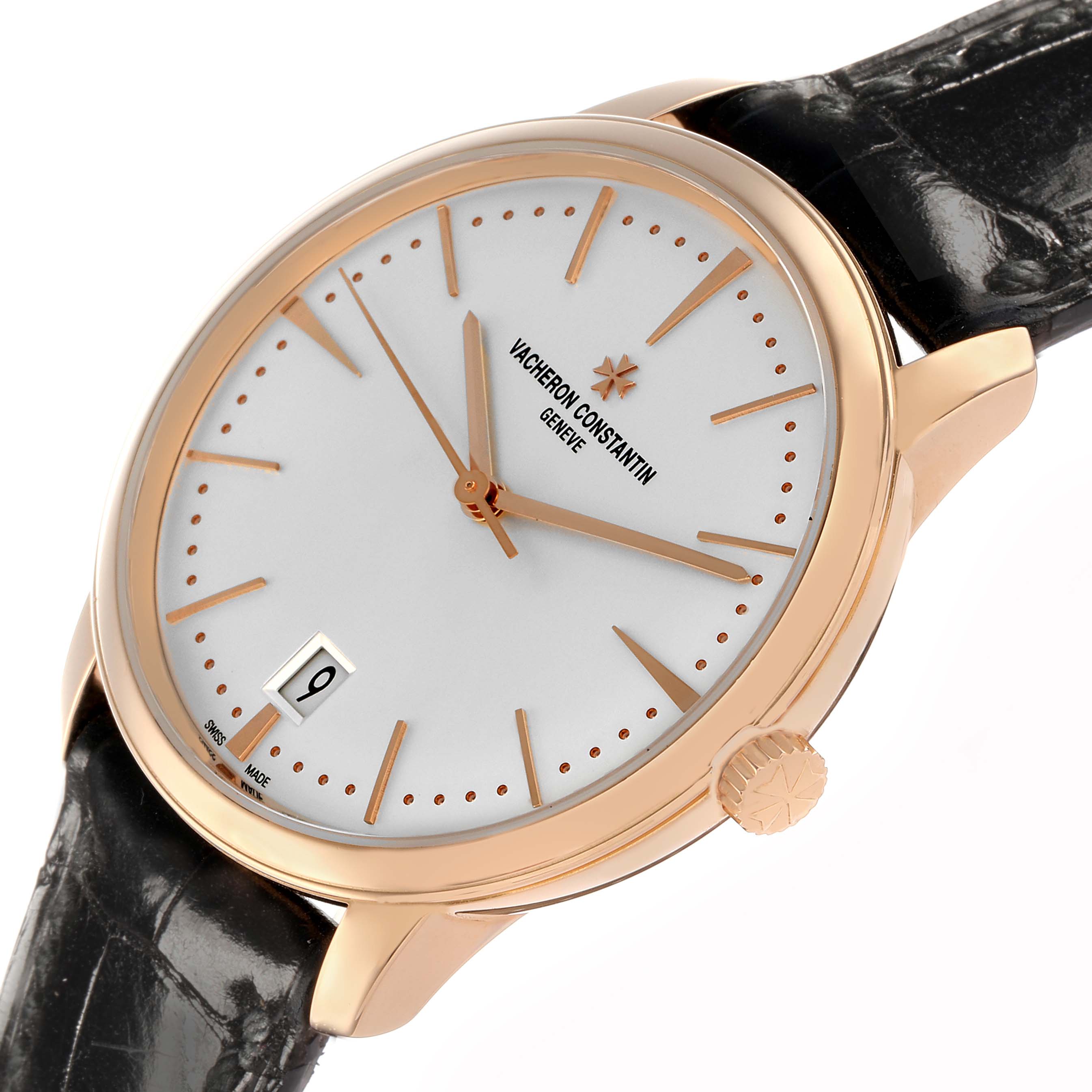 The Vacheron Constantin Patrimony 4100U Men
s Rose Gold Silver Dial watch is shown at a slight angle, highlighting the face, crown, and leather strap.