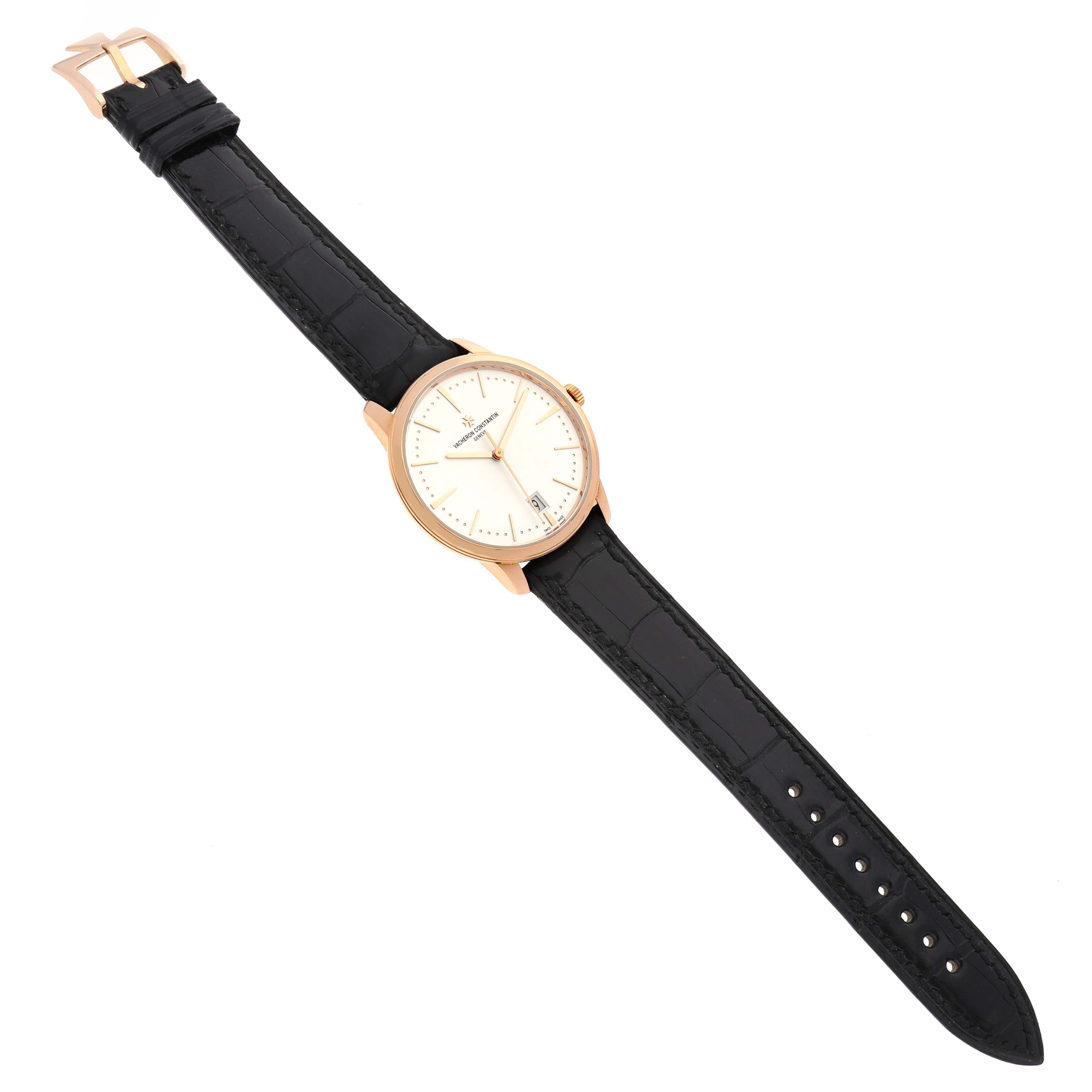 The Vacheron Constantin Patrimony 4100U Men
s Rose Gold Silver Dial watch is shown from a top view, displaying the face, case, strap, and buckle.