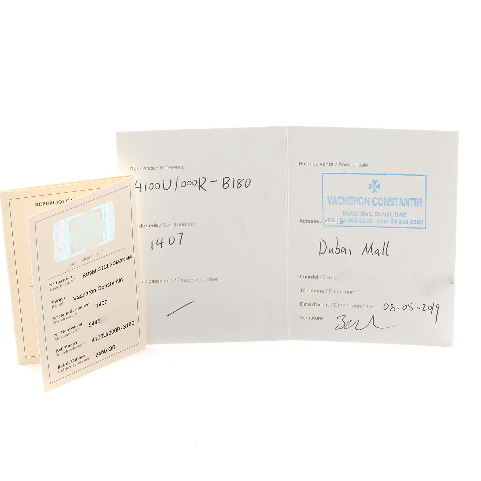 The image shows documentation for the Vacheron Constantin Patrimony 4100U Men
s Rose Gold Silver Dial model, including certificates and purchase details.