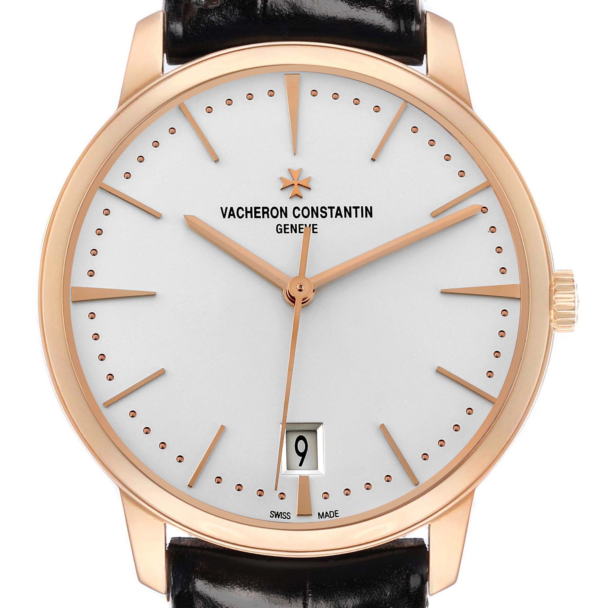 The Vacheron Constantin Patrimony 4100U Men
s Rose Gold Silver Dial watch is shown from the front, displaying the dial, hands, date indicator, and part of the strap.
