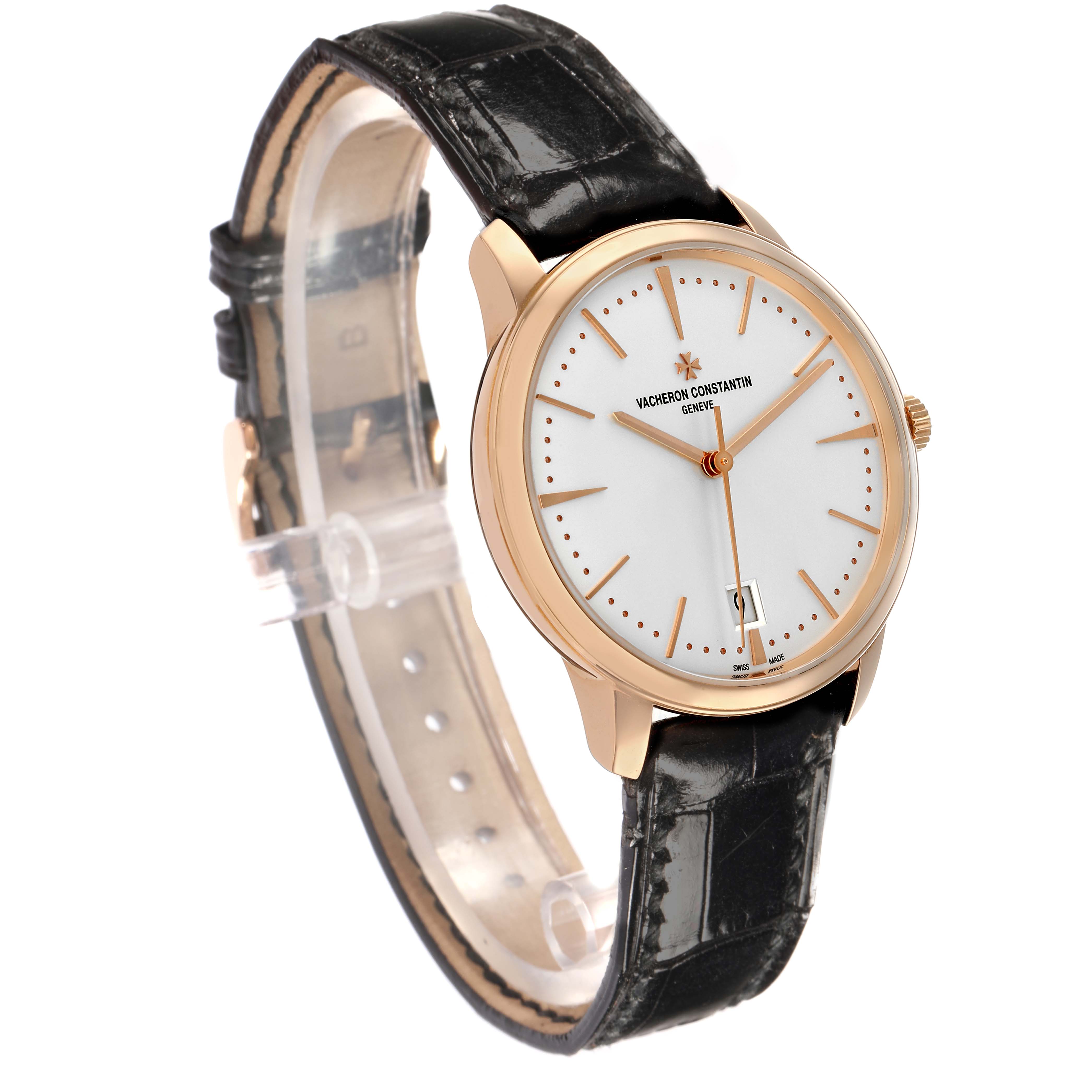 The Vacheron Constantin Patrimony 4100U Men
s Rose Gold Silver Dial watch is shown at a three-quarter angle displaying the face, case, and strap.