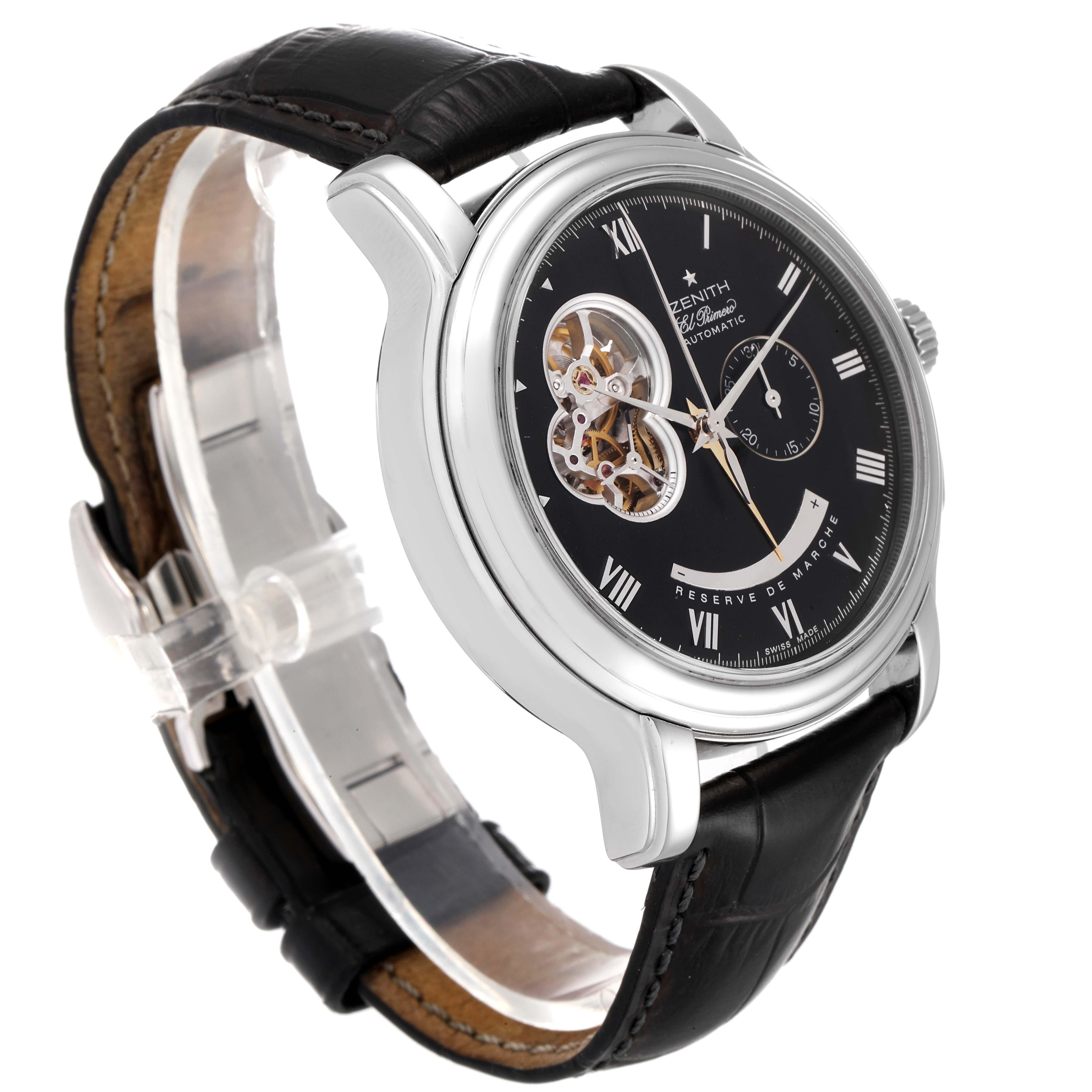 The Zenith Chronomaster 03.1260.4021/21.C505 Men
s Stainless Steel Black Dial 03.1260.4021/21.C505 Men
s Stainless Steel Black Dial watch is shown at a three-quarter angle, highlighting its black dial, Roman numerals, and exposed movement.