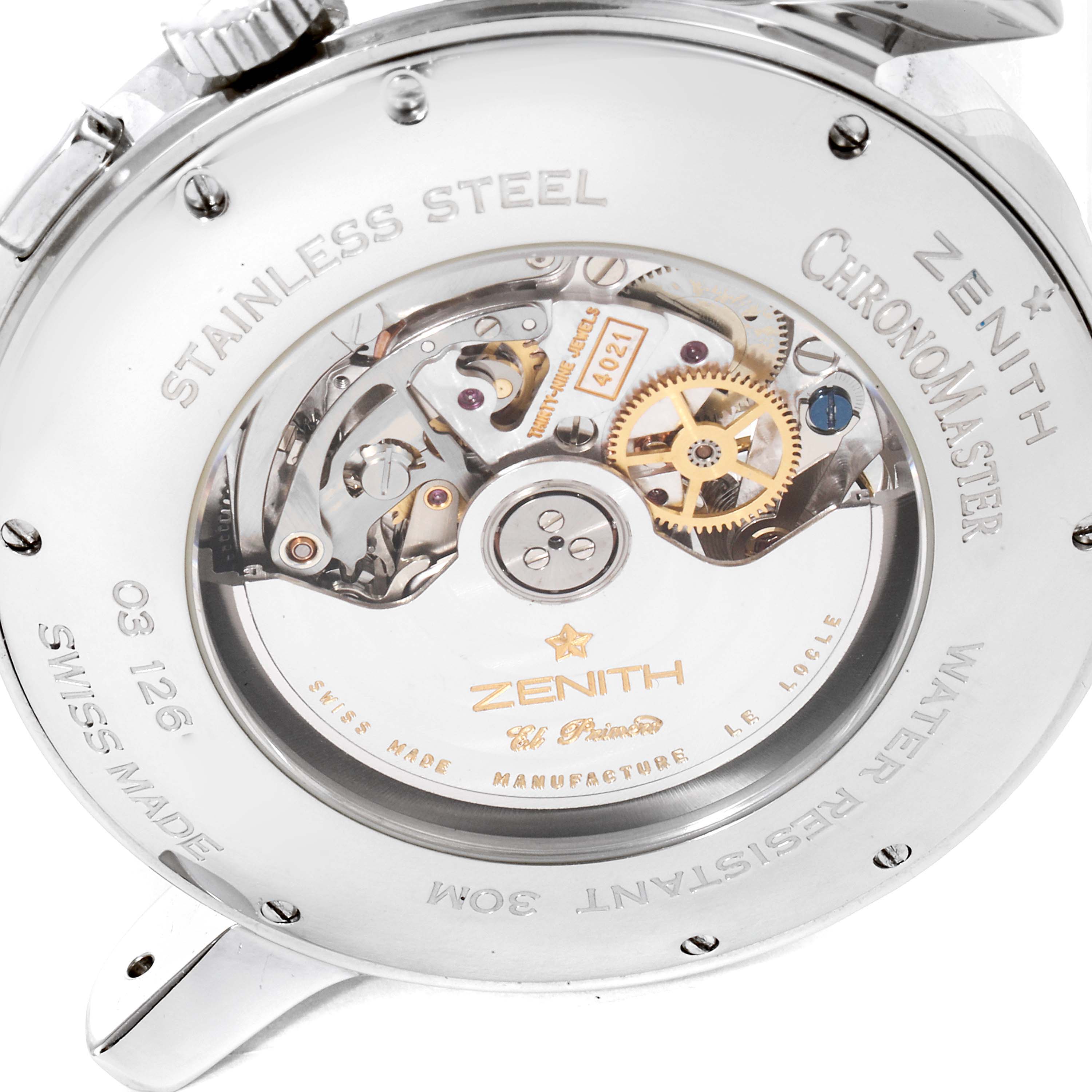 The image shows the back view of the Zenith Chronomaster 03.1260.4021/21.C505 Men
s Stainless Steel Black Dial 03.1260.4021/21.C505 Men
s Stainless Steel Black Dial watch, highlighting its movement and mechanical parts.