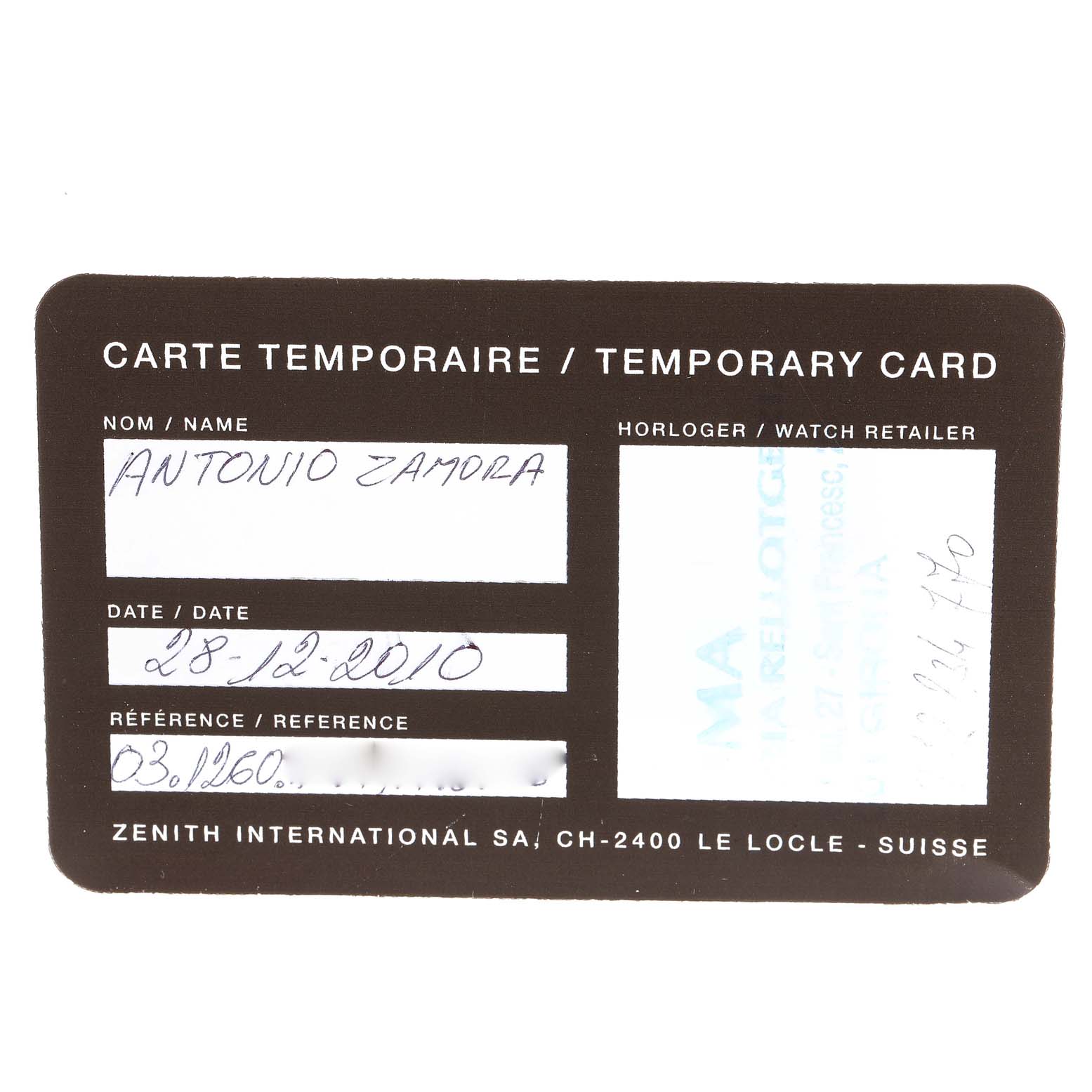 This image shows a temporary card for a Zenith Chronomaster 03.1260.4021/21.C505 Men
s Stainless Steel Black Dial 03.1260.4021/21.C505 Men
s Stainless Steel Black Dial watch displayed flat, featuring the owner
s name, date, and reference number.