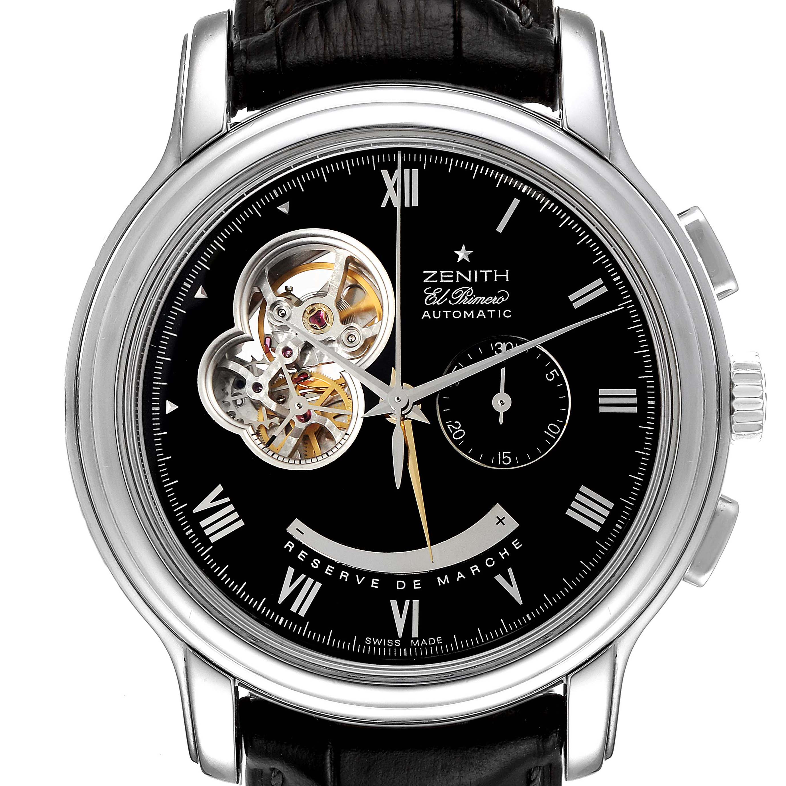 The image shows a frontal view of the Zenith Chronomaster 03.1260.4021/21.C505 Men
s Stainless Steel Black Dial 03.1260.4021/21.C505 Men
s Stainless Steel Black Dial watch, highlighting its black dial, visible movement, and subdials.