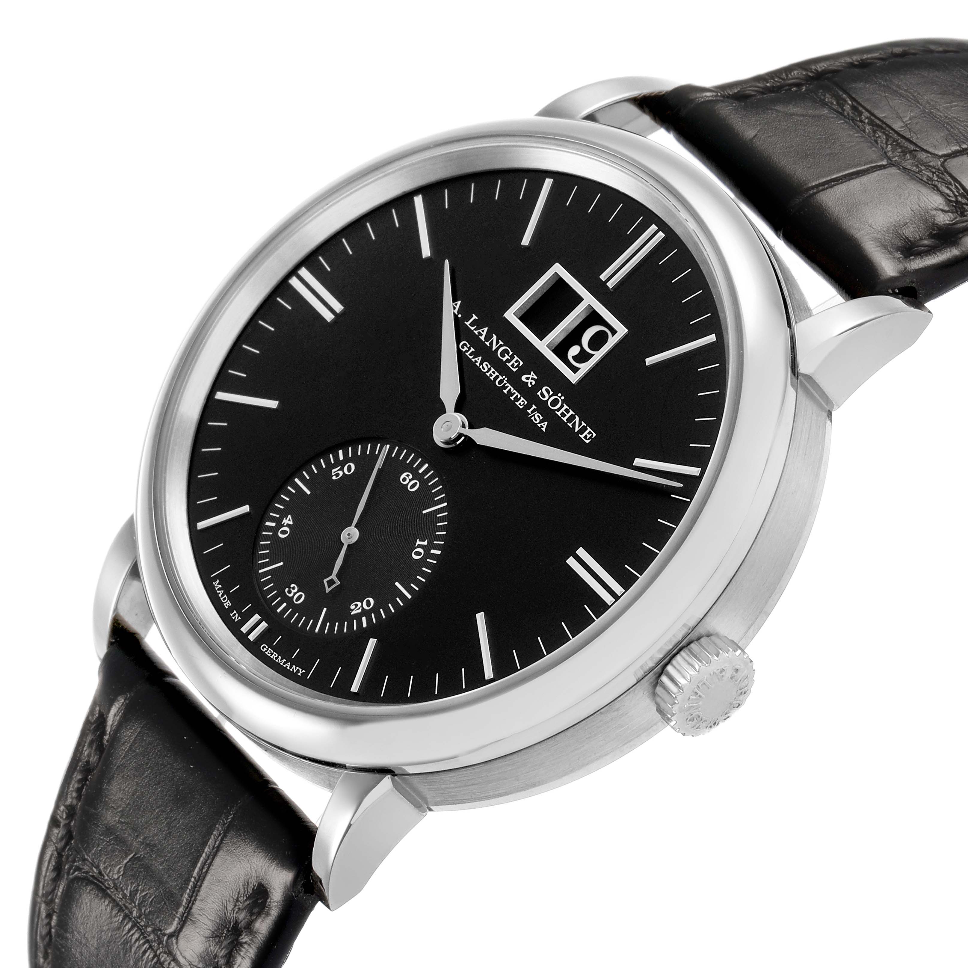 The A. Lange & Sohne Saxonia 381.029 / LSLS3813AD Men's White Gold Black Dial watch is shown at a tilted front angle, highlighting its dial, hands, crown, and black leather strap.