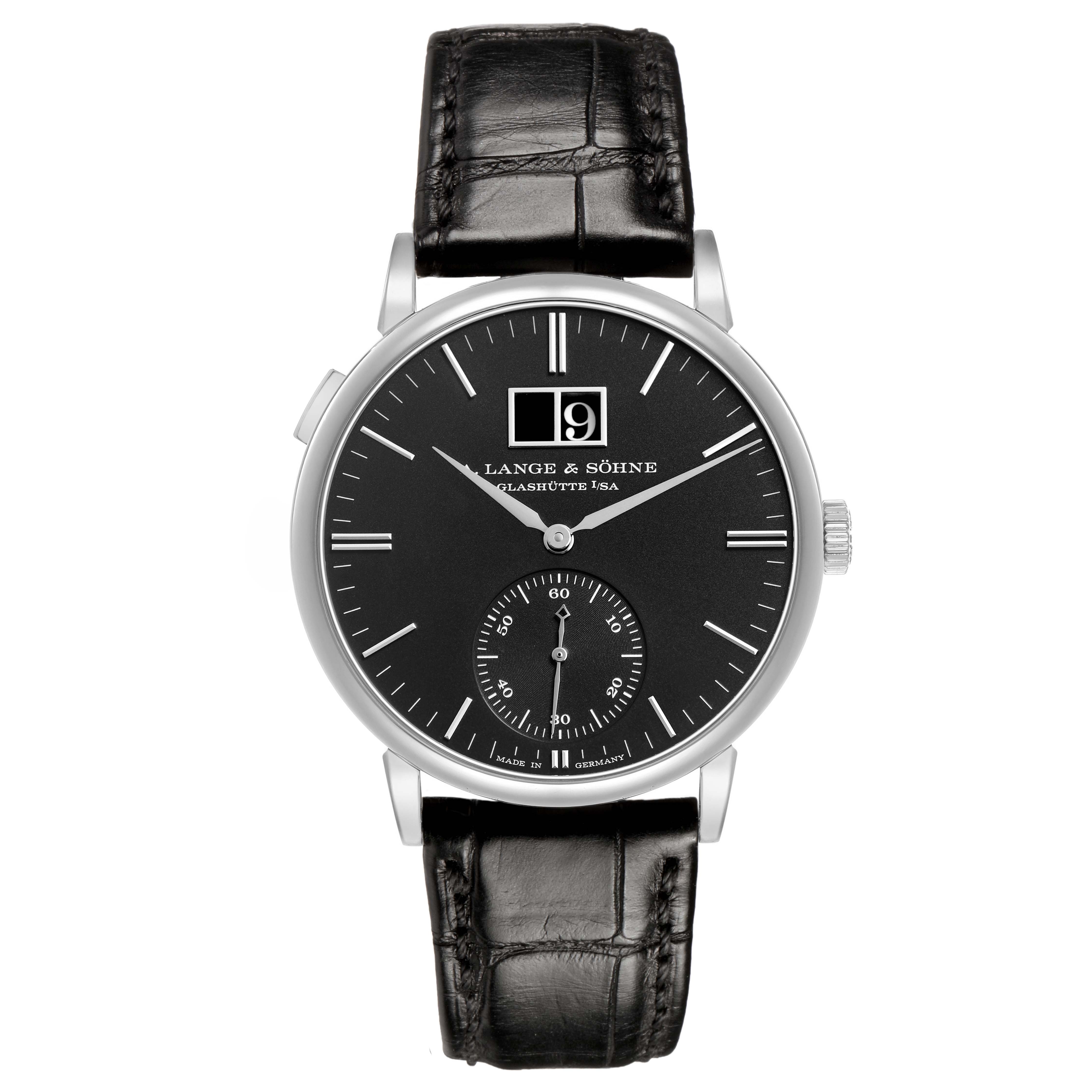 The A. Lange & Sohne Saxonia 381.029 / LSLS3813AD Men's White Gold Black Dial watch is shown from a top-down angle, highlighting the dial, hands, and strap.