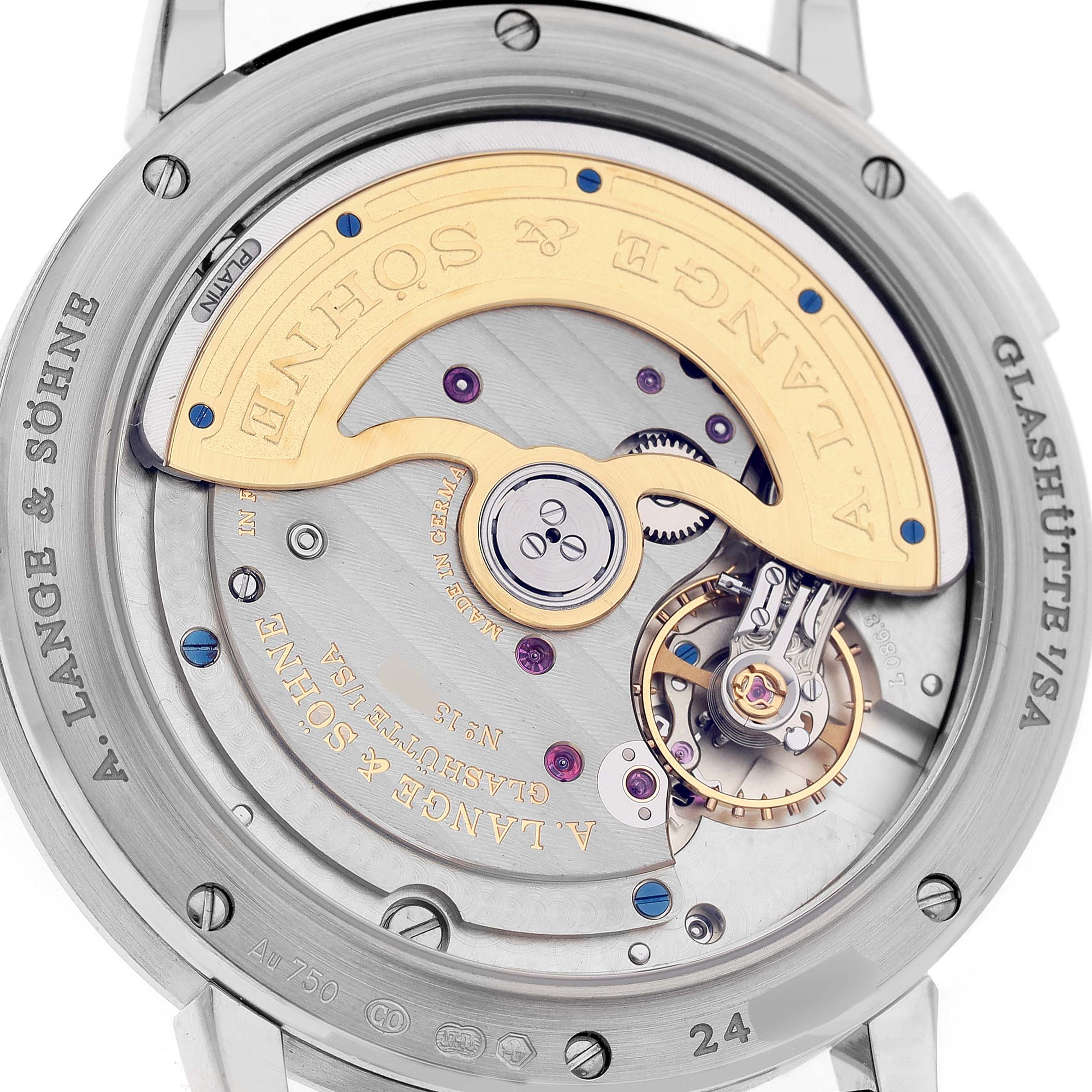 The image shows the intricate back view of the A. Lange & Sohne Saxonia 381.029 / LSLS3813AD Men's White Gold Black Dial watch, highlighting the movement and rotor.
