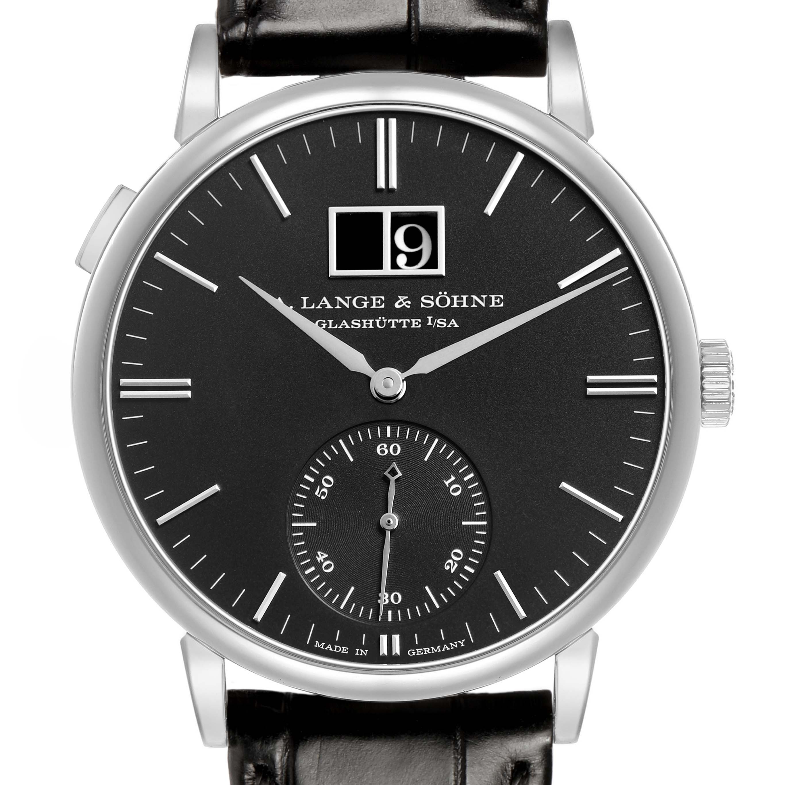 The image shows a front view of the A. Lange & Sohne Saxonia 381.029 / LSLS3813AD Men's White Gold Black Dial watch, highlighting the face, dial, hands, and crown.