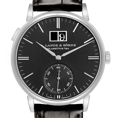 The image shows a front view of the A. Lange & Sohne Saxonia 381.029 / LSLS3813AD Men's White Gold Black Dial watch, highlighting the dial, hands, crown, and strap.