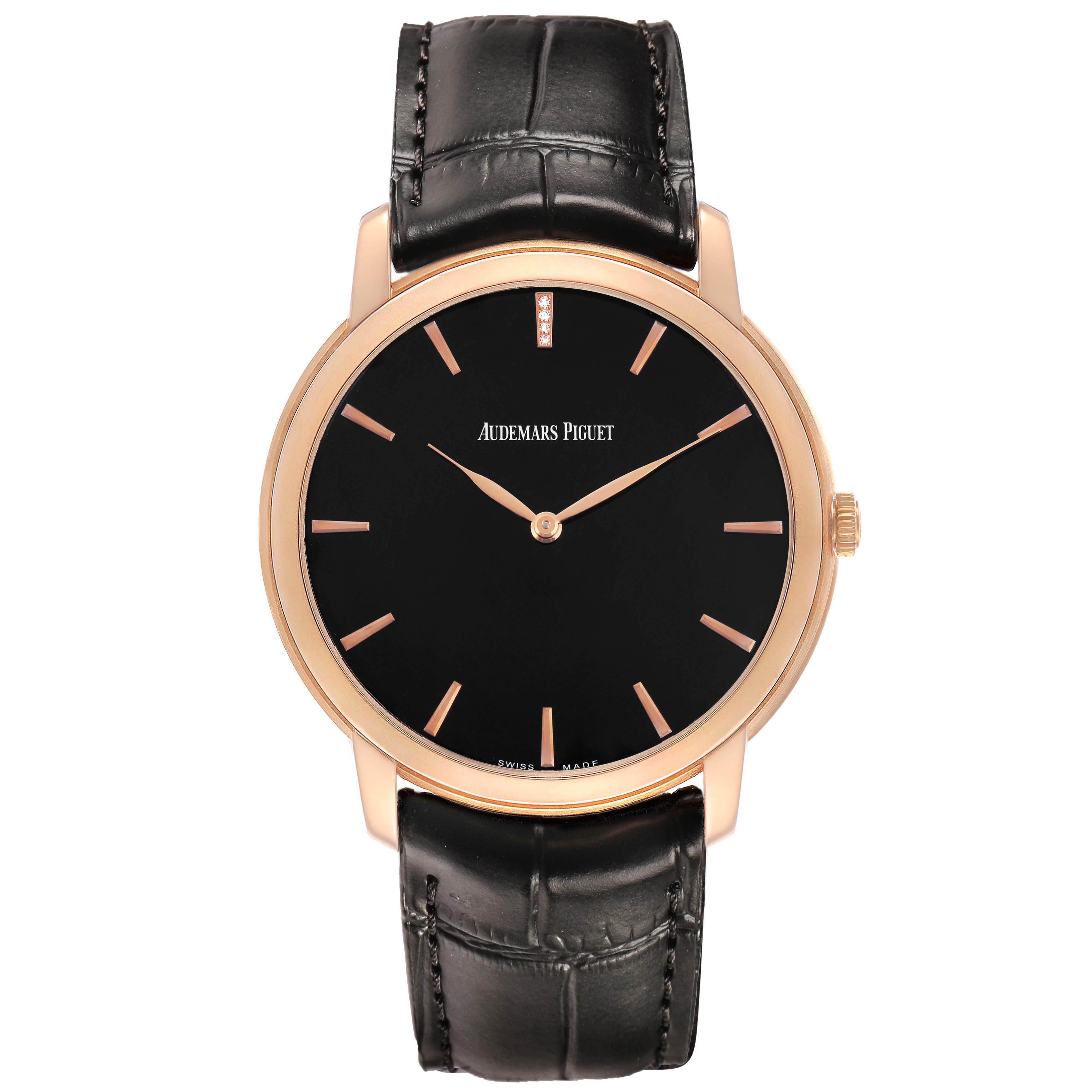 The Audemars Piguet Jules 15184OR.OO.A102CR.01 Men's Rose Gold Black Dial watch is shown from the front, displaying its black dial, rose gold case, and black leather strap.
