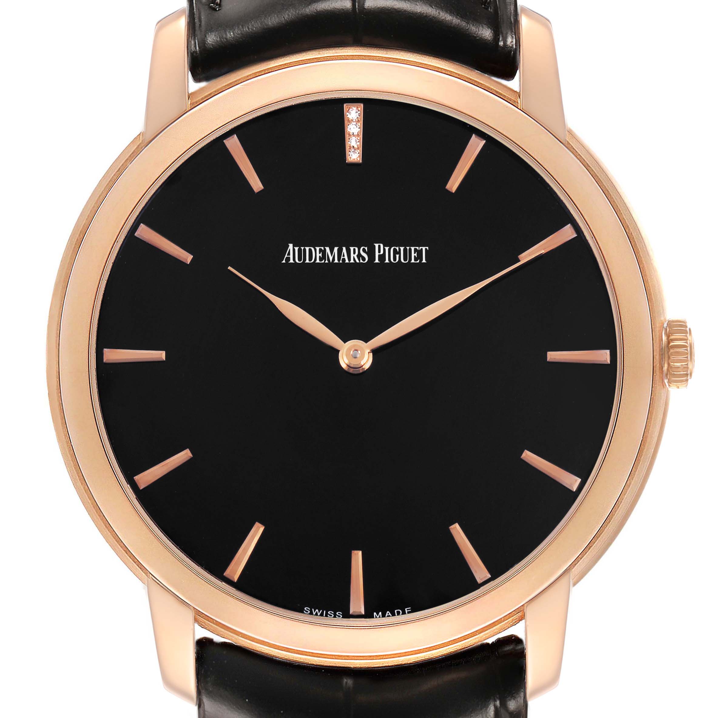 The Audemars Piguet Jules 15184OR.OO.A102CR.01 Men's Rose Gold Black Dial watch is shown from the front, displaying its face, hands, case, and part of the leather strap.