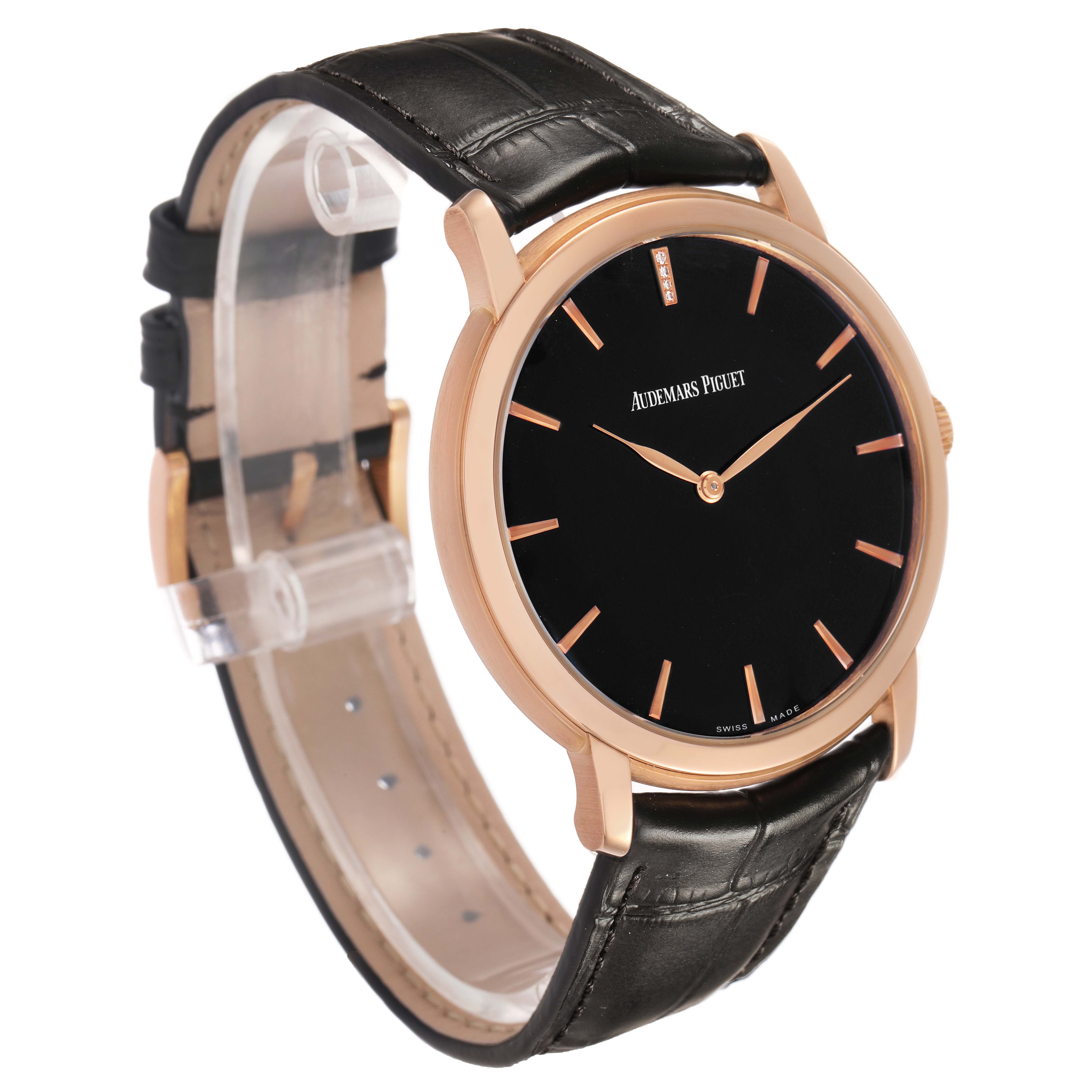 The Jules model by Audemars Piguet is shown at a three-quarter angle, highlighting the case, dial, and leather strap.