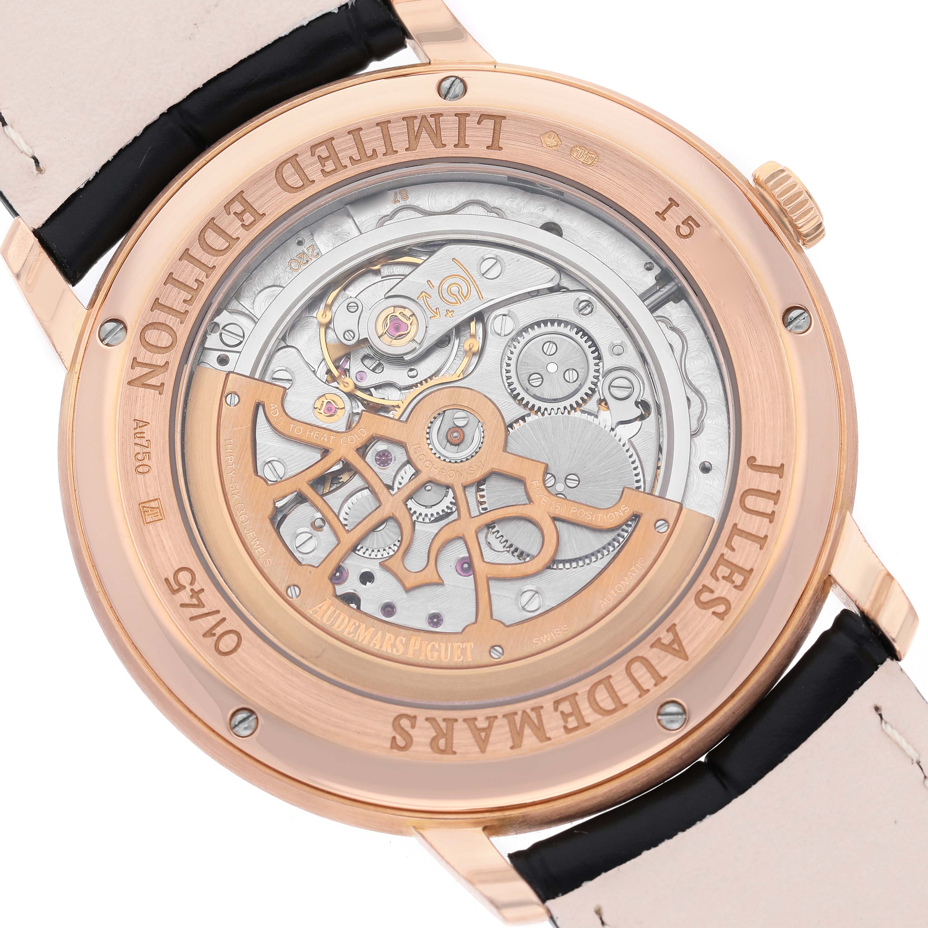 The image shows the back view of the Audemars Piguet Jules 15184OR.OO.A102CR.01 Men's Rose Gold Black Dial watch, displaying its mechanical movement and limited edition engraving.
