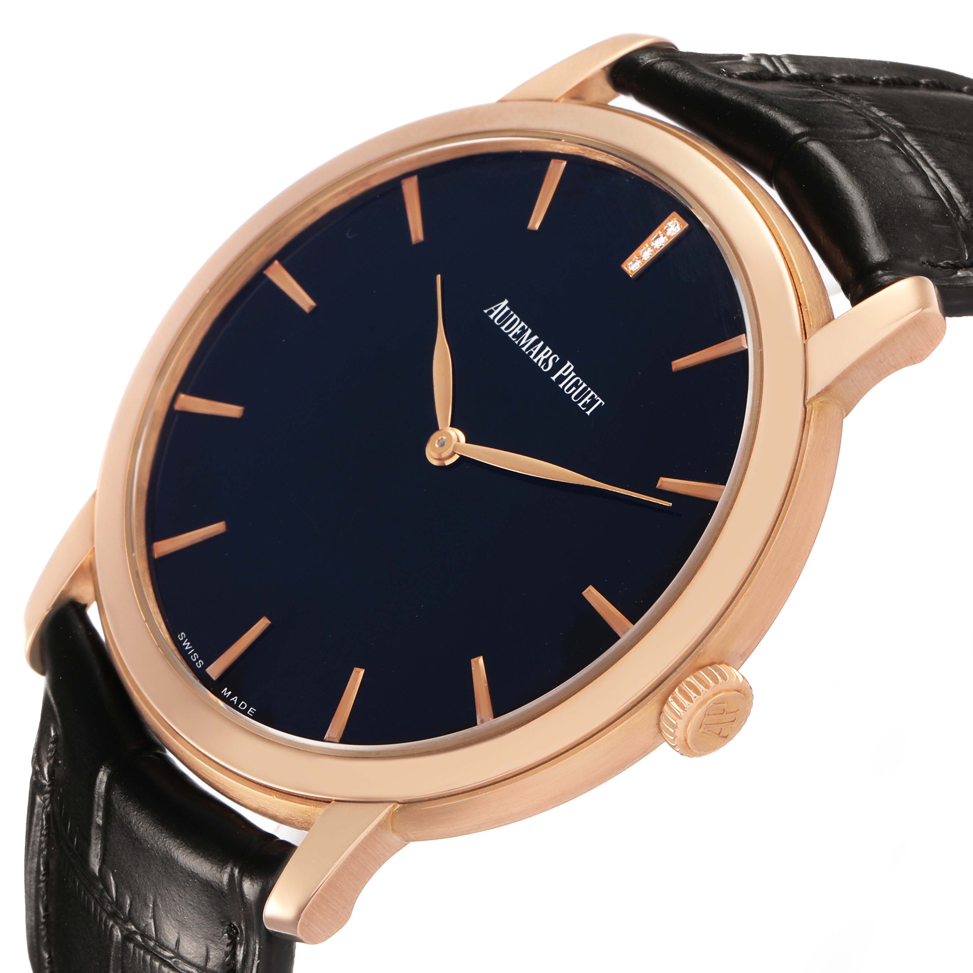 The Audemars Piguet Jules 15184OR.OO.A102CR.01 Men's Rose Gold Black Dial watch is shown at a slight angle, highlighting its black dial, gold markers, crown, and leather strap.